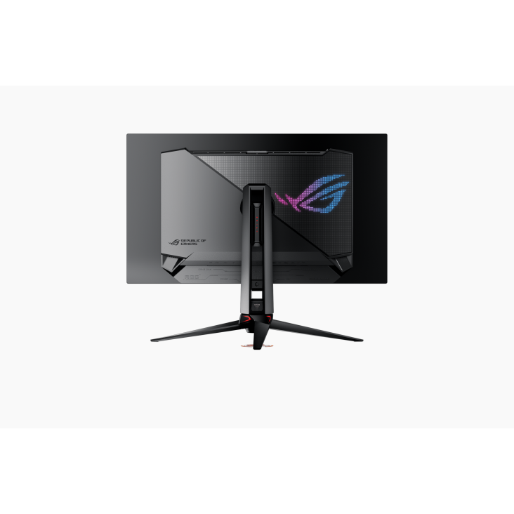 Parte trasera de un monitor sobre fondo negro. Tiene soporte y logotipo ROG. Colores: gris, negro, azul, rosa y naranja.