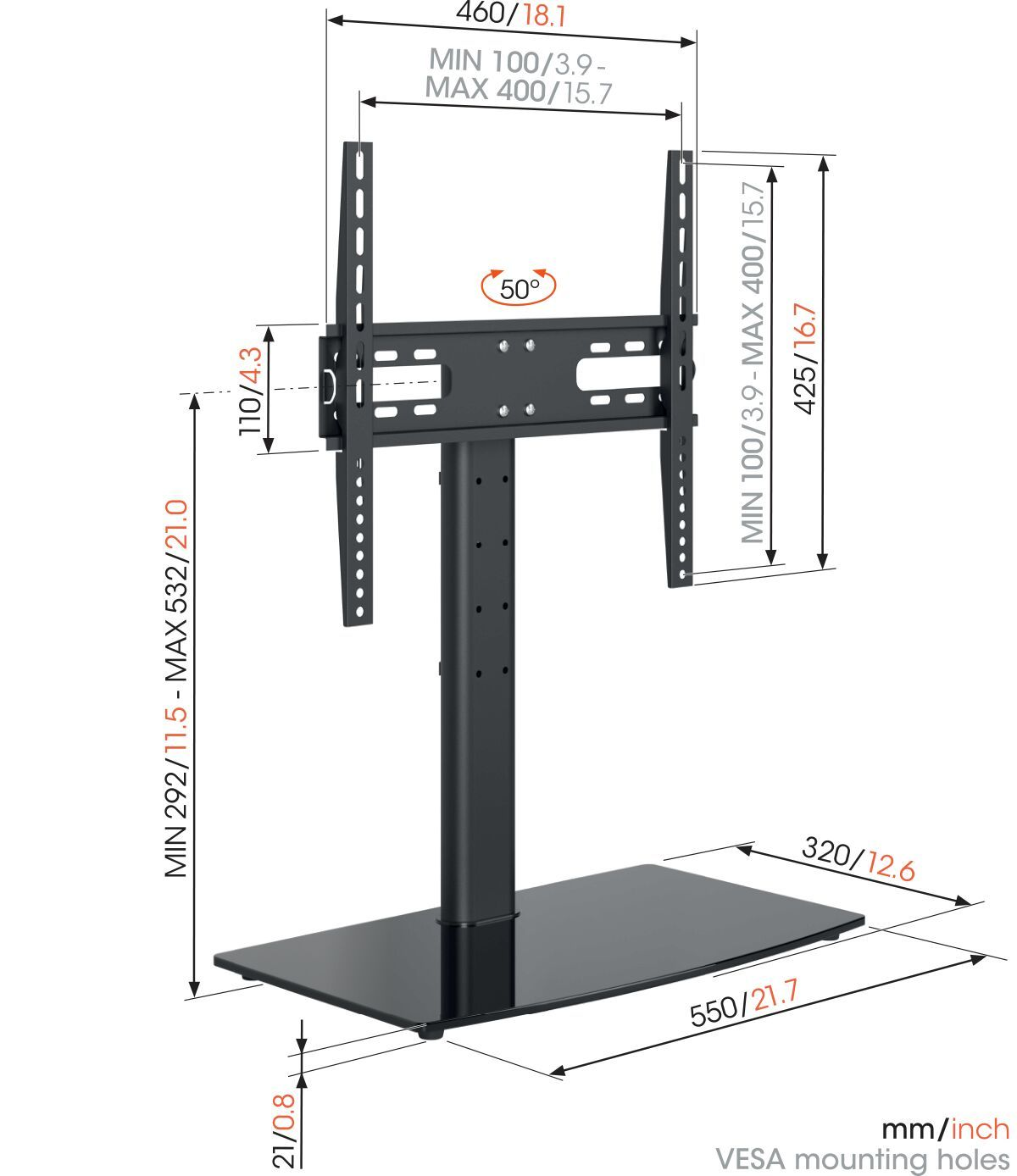 Diagrama de un soporte de TV con dimensiones en mm/pulgadas. Muestra un soporte negro con base, poste y soportes. Se indican las medidas.