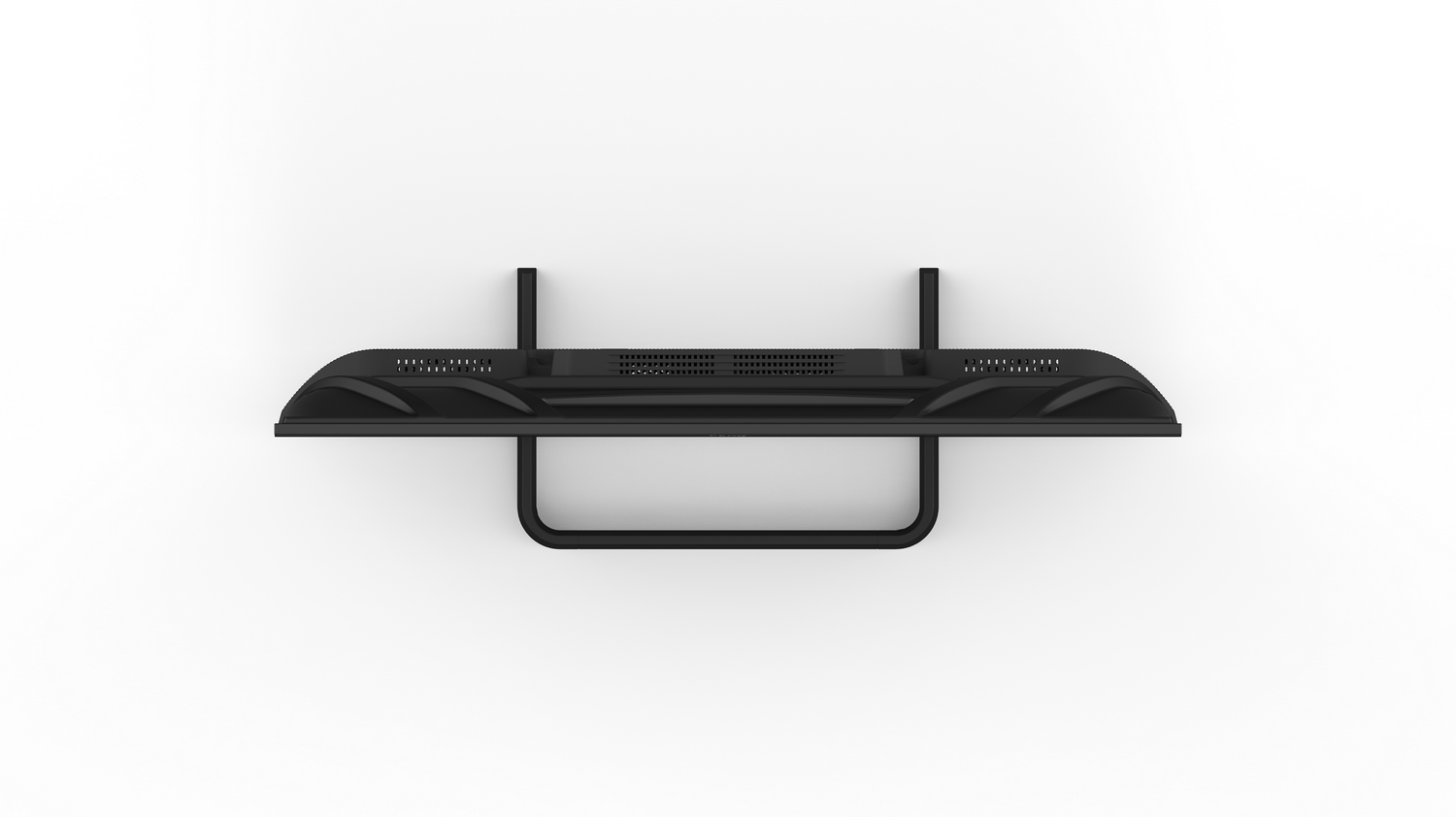 Un objeto negro rectangular montado en la pared con la parte superior curvada. Tiene un marco en forma de U debajo y dos soportes verticales.