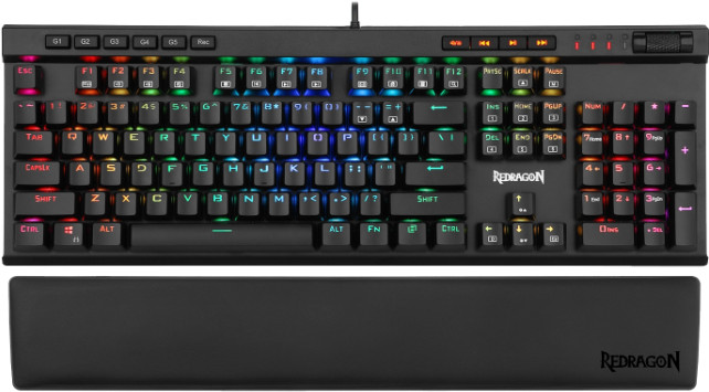 Czarna mechaniczna klawiatura Redragon z kolorowymi podświetlanymi klawiszami i podpórką pod nadgarstek. Klawiatura ma klawisze funkcyjne.