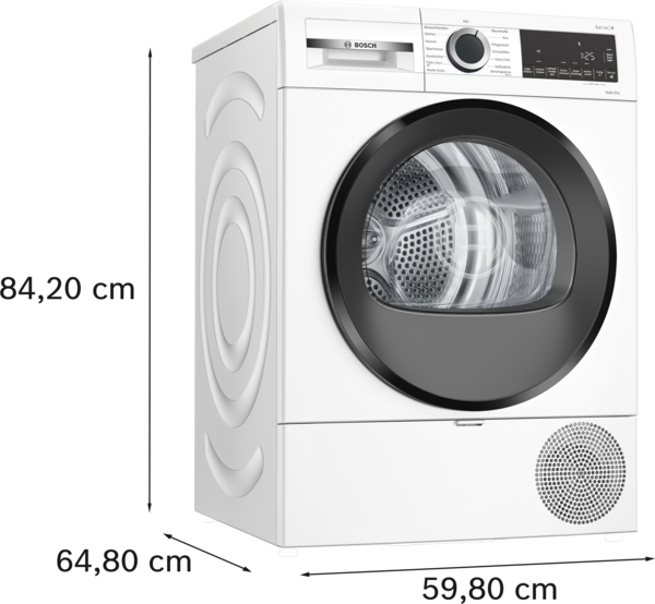 Ein weißer Bosch-Trockner mit Maßangaben. Er hat eine schwarze Tür und ein Bedienfeld. Abmessungen: 84,20 cm hoch, 64,80 cm tief, 59,80 cm breit.