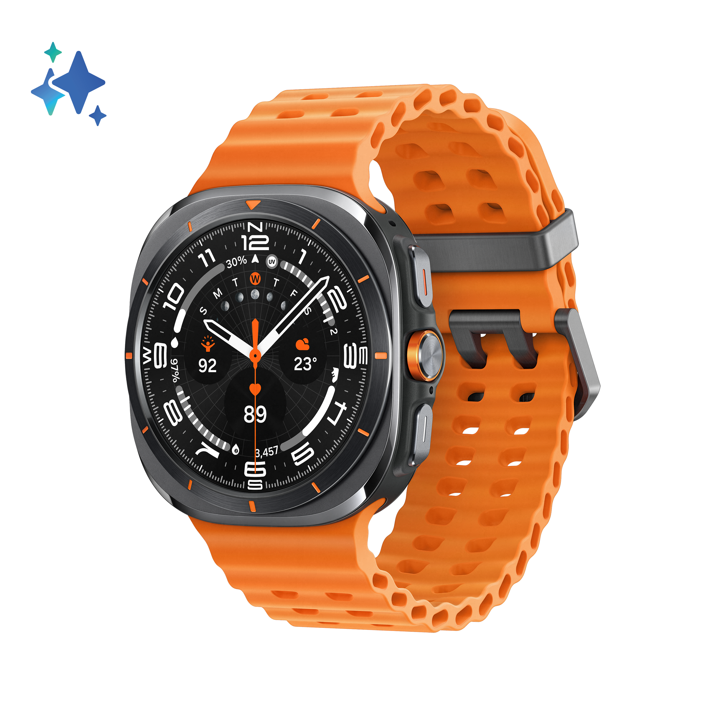 Pomarańczowy smartwatch z czarną tarczą i paskiem. Wyświetla godzinę, datę i inne wskaźniki na czarnym tle.