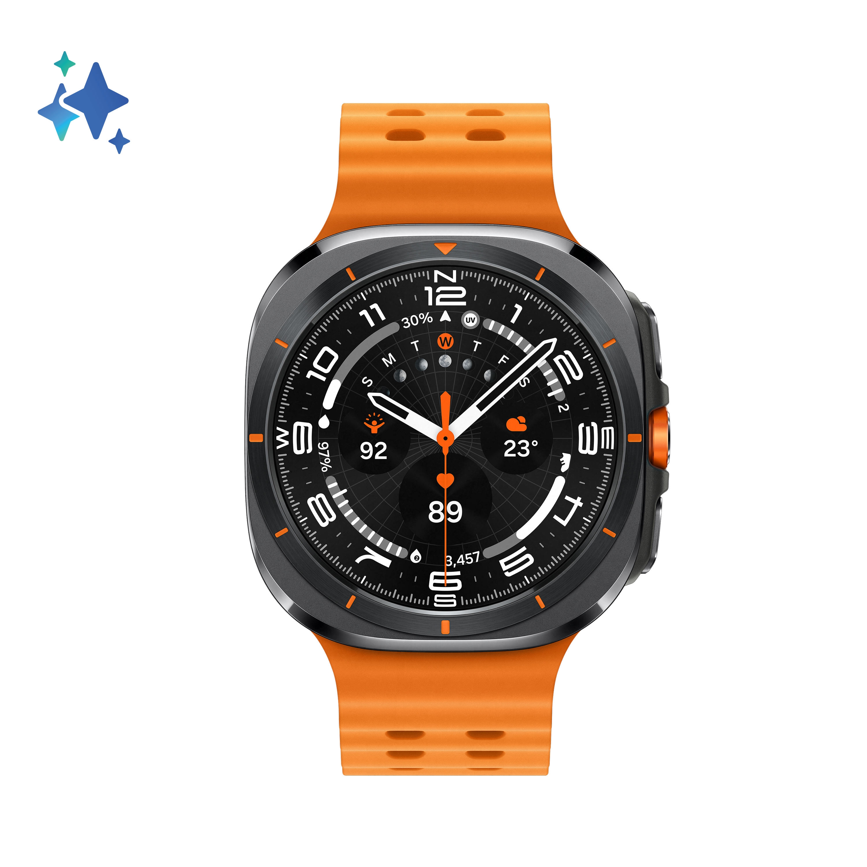 Smartwatch z pomarańczowym paskiem, czarną ramką i czarną tarczą wyświetlającą godzinę, statystyki i pogodę.