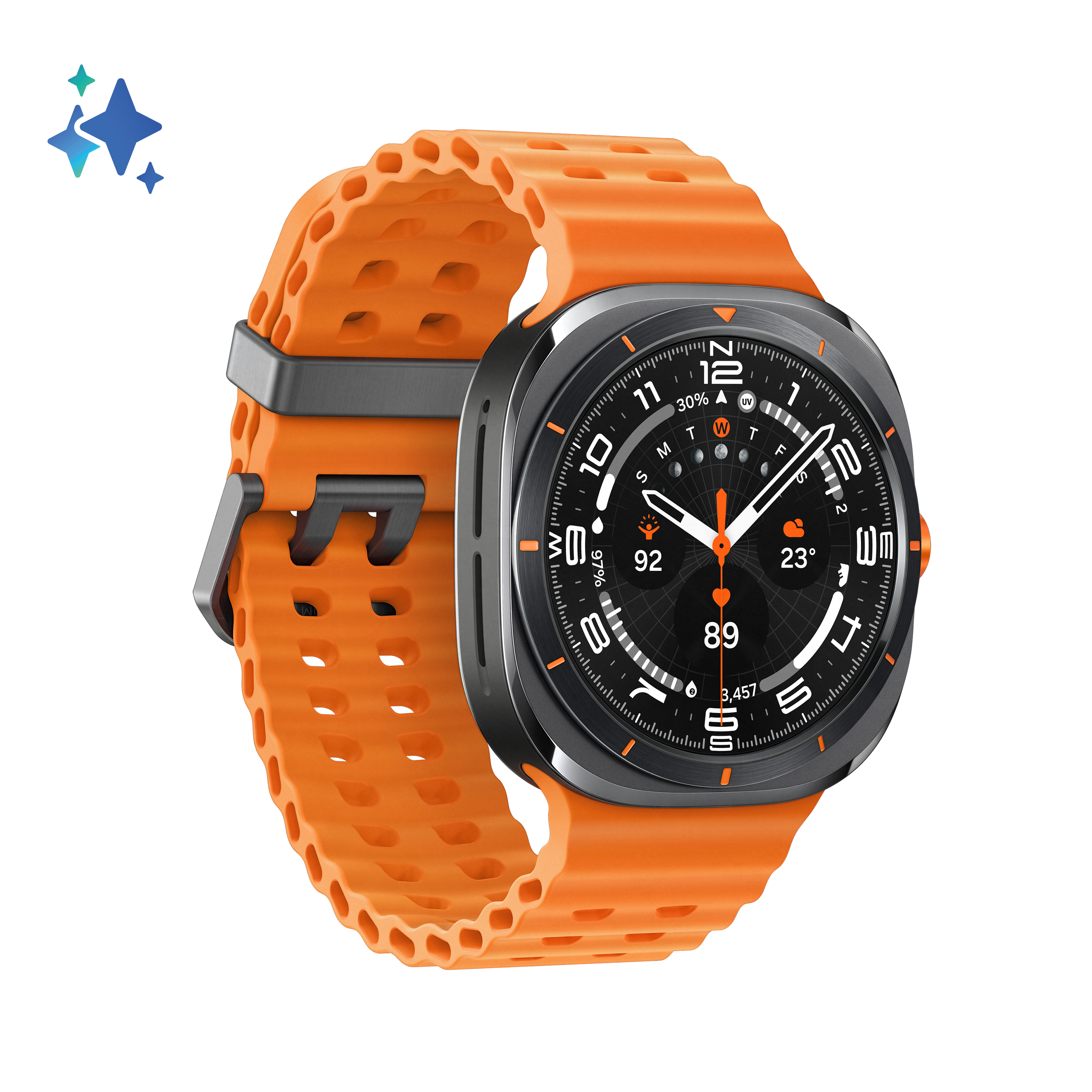 Smartwatch z pomarańczowym paskiem i czarną tarczą wyświetlającą godzinę i inne wskaźniki, na czarnym tle.