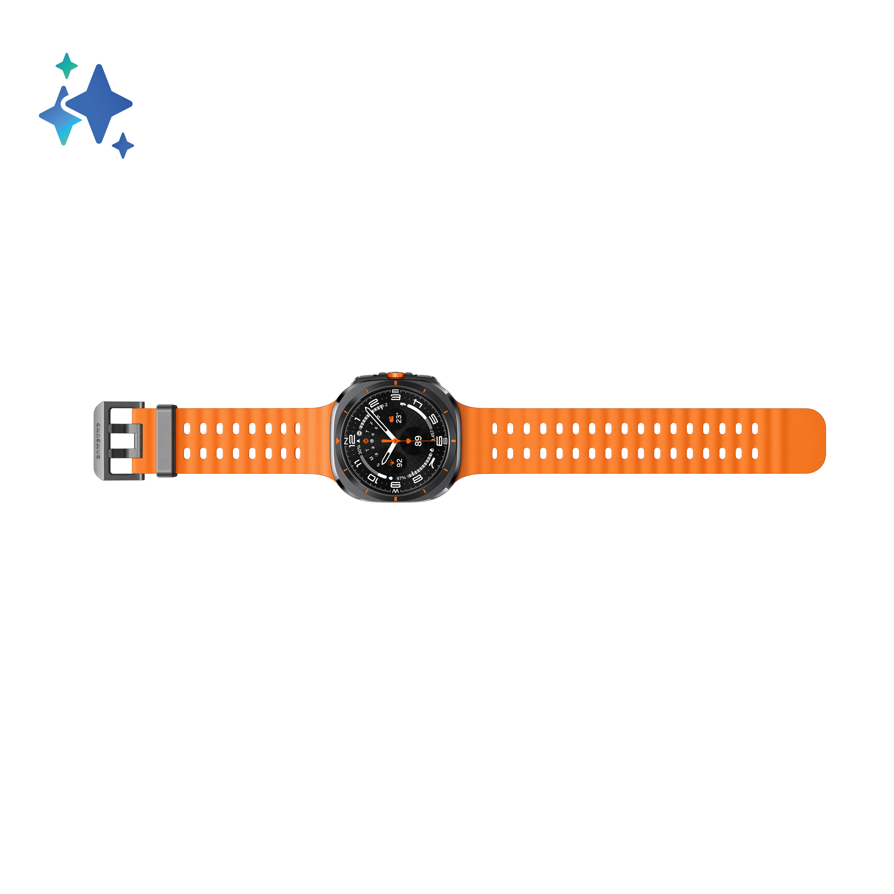 Pomarańczowy smartwatch z czarną tarczą i pomarańczowym paskiem na czarnym tle.