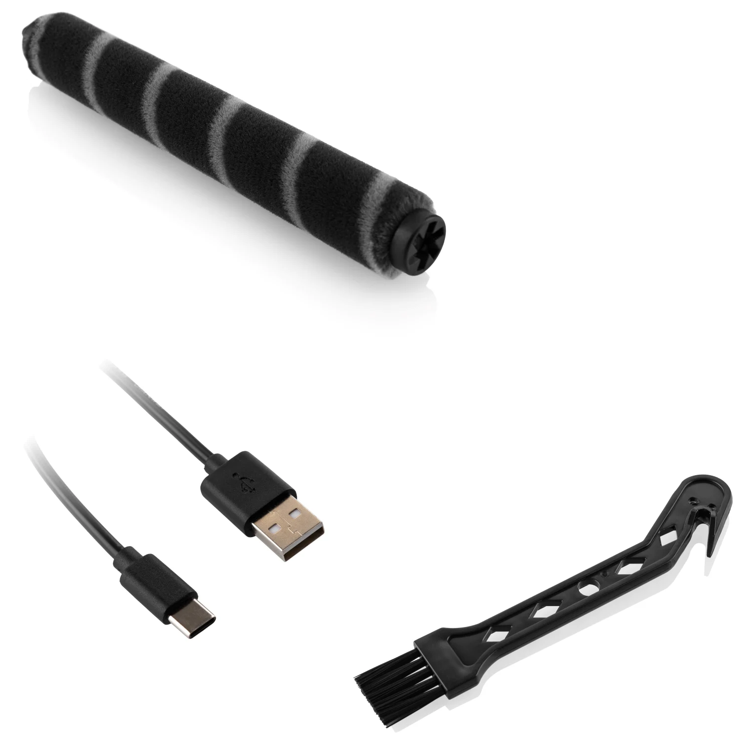 A képen egy fekete henger, USB kábelek és egy fekete kefe látható. A henger szürke csíkokkal rendelkezik. A kefének horogja és sörtéi vannak.