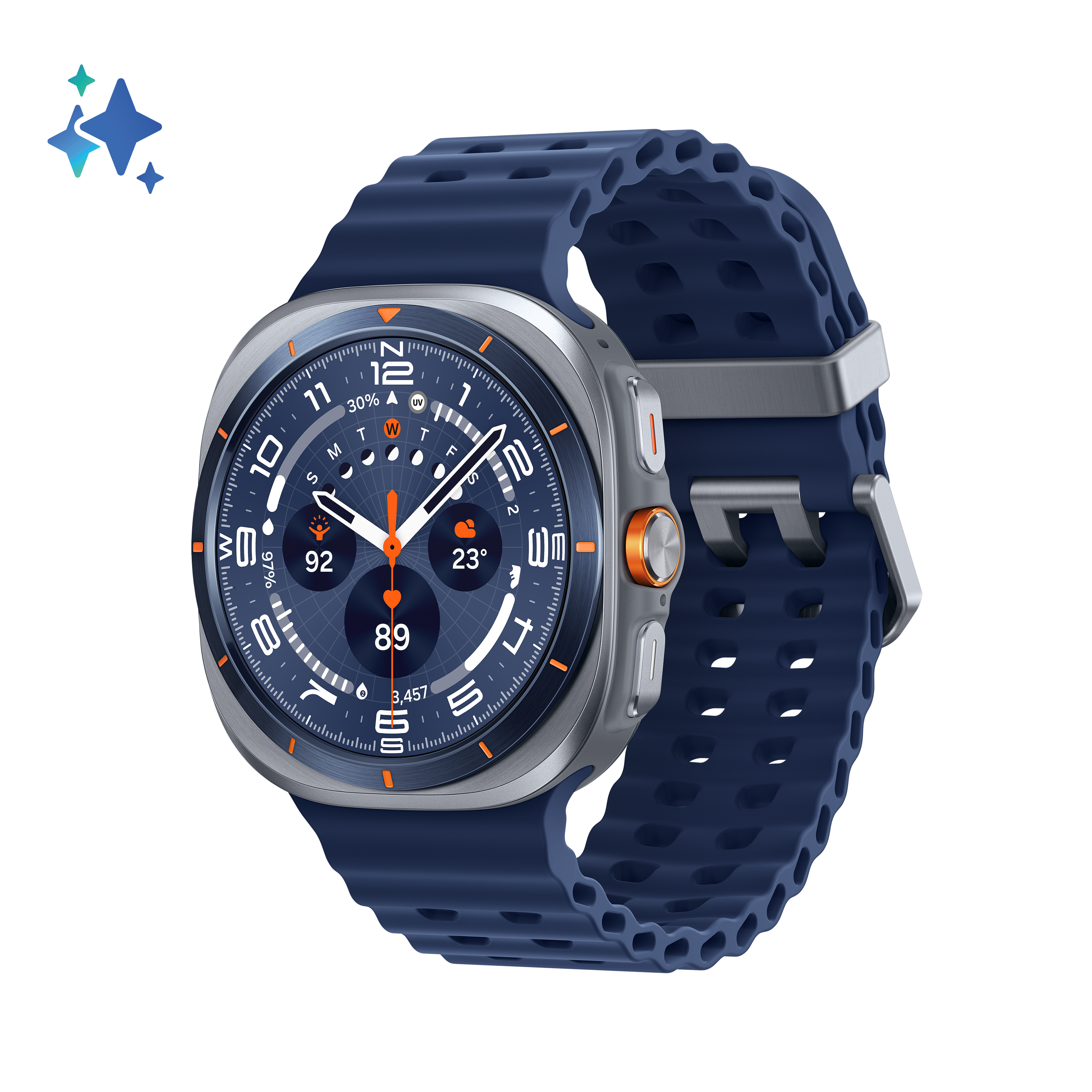 Smartwatch z niebieskim paskiem i srebrną kopertą. Tarcza wyświetla czas, dane i ma pomarańczowe akcenty.