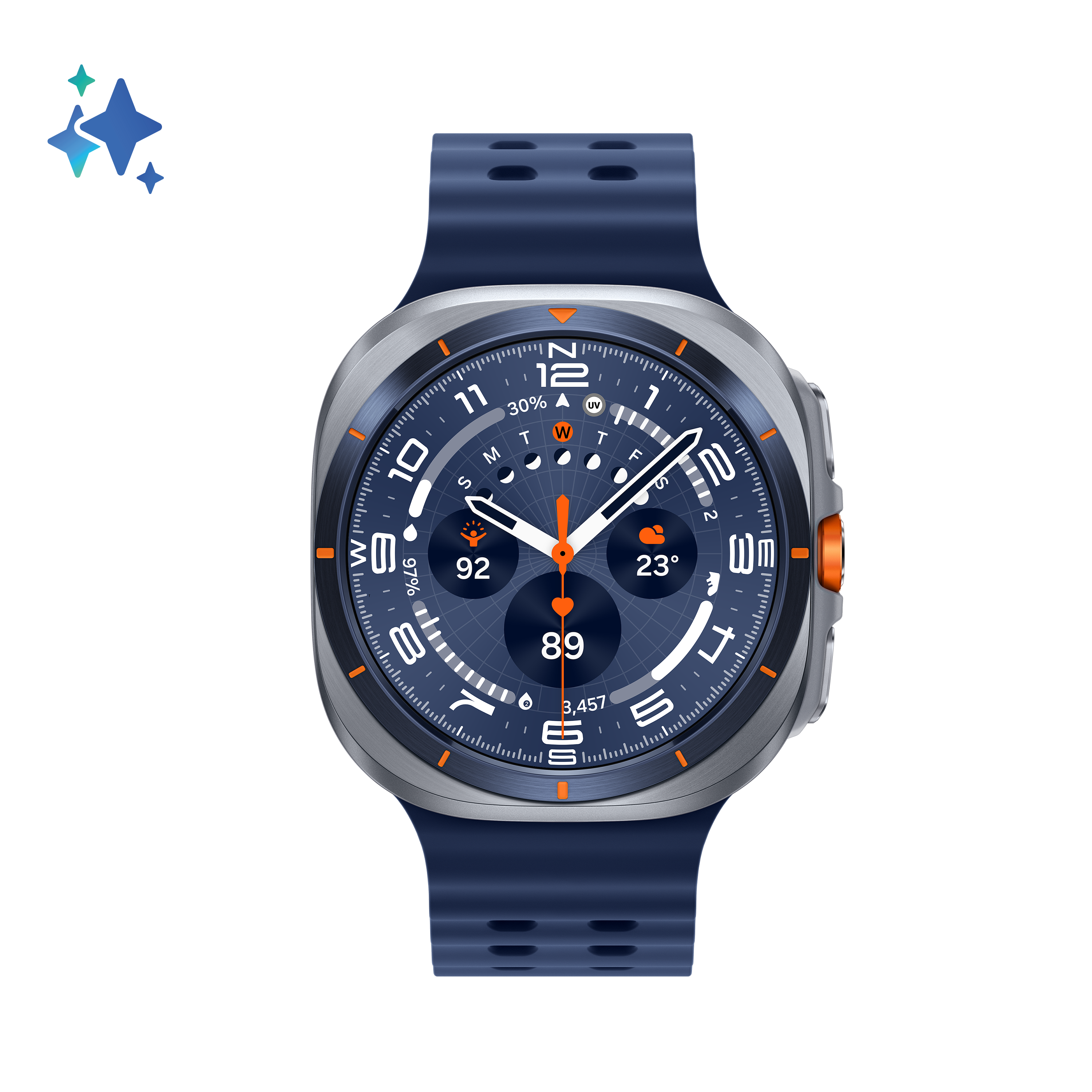 Smartwatch z niebieskim paskiem i tarczą, z cyframi, wskaźnikami i srebrną ramką na czarnym tle.