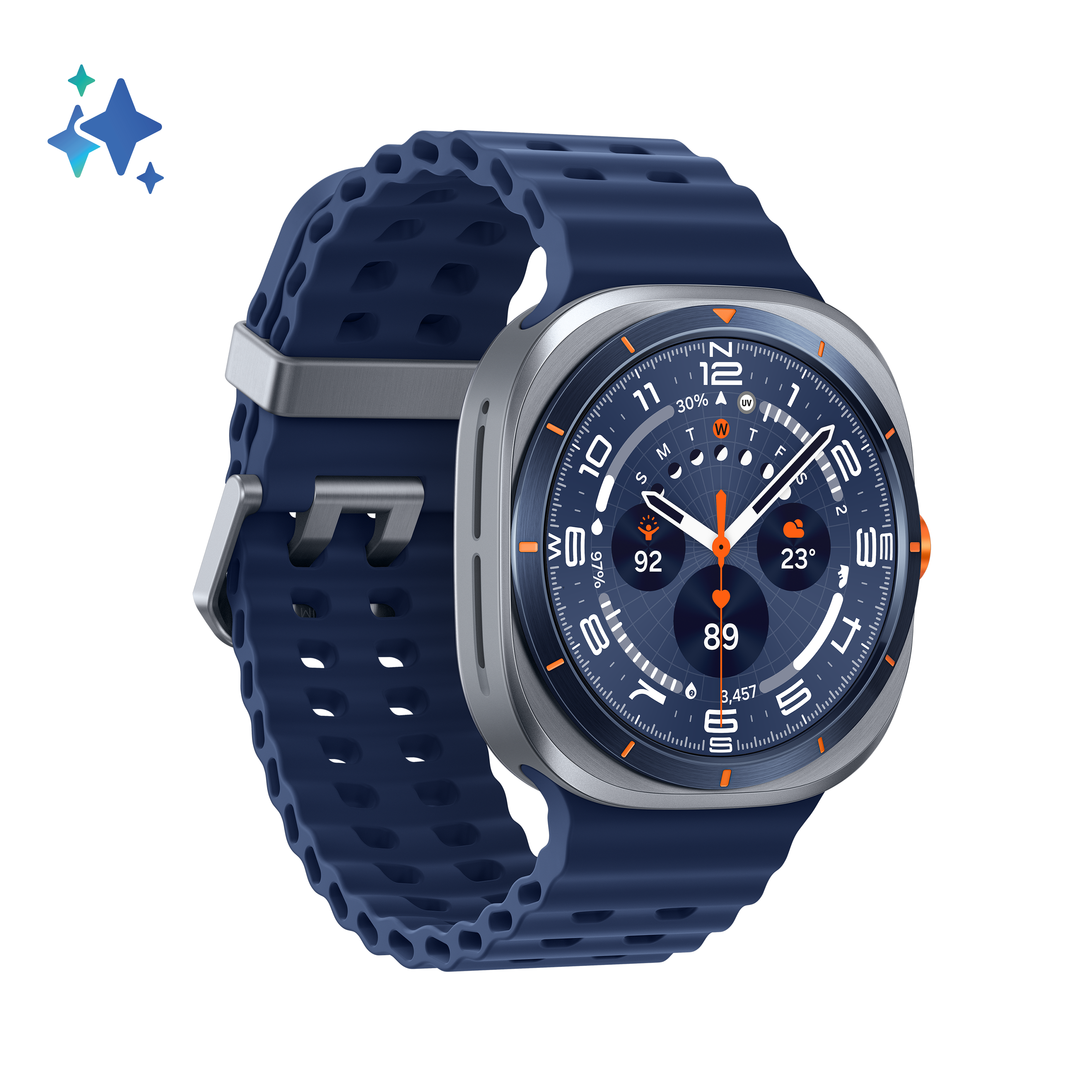 Smartwatch z granatowym paskiem i srebrną kopertą. Tarcza jest ciemnoniebieska z pomarańczowymi akcentami.