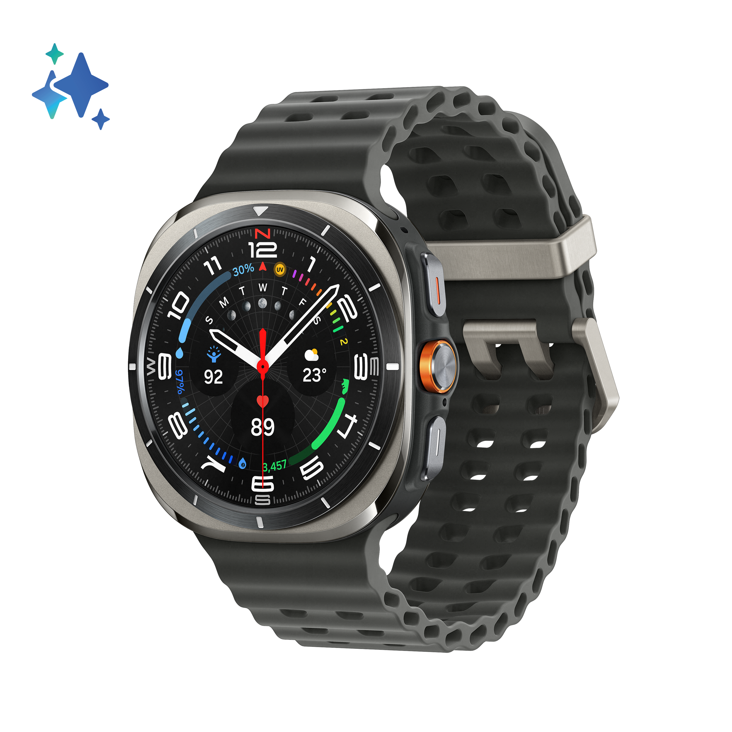 Smartwatch z szarym paskiem, srebrną ramką i czarną tarczą. Wyświetla czas, statystyki i ma pomarańczowy przycisk.