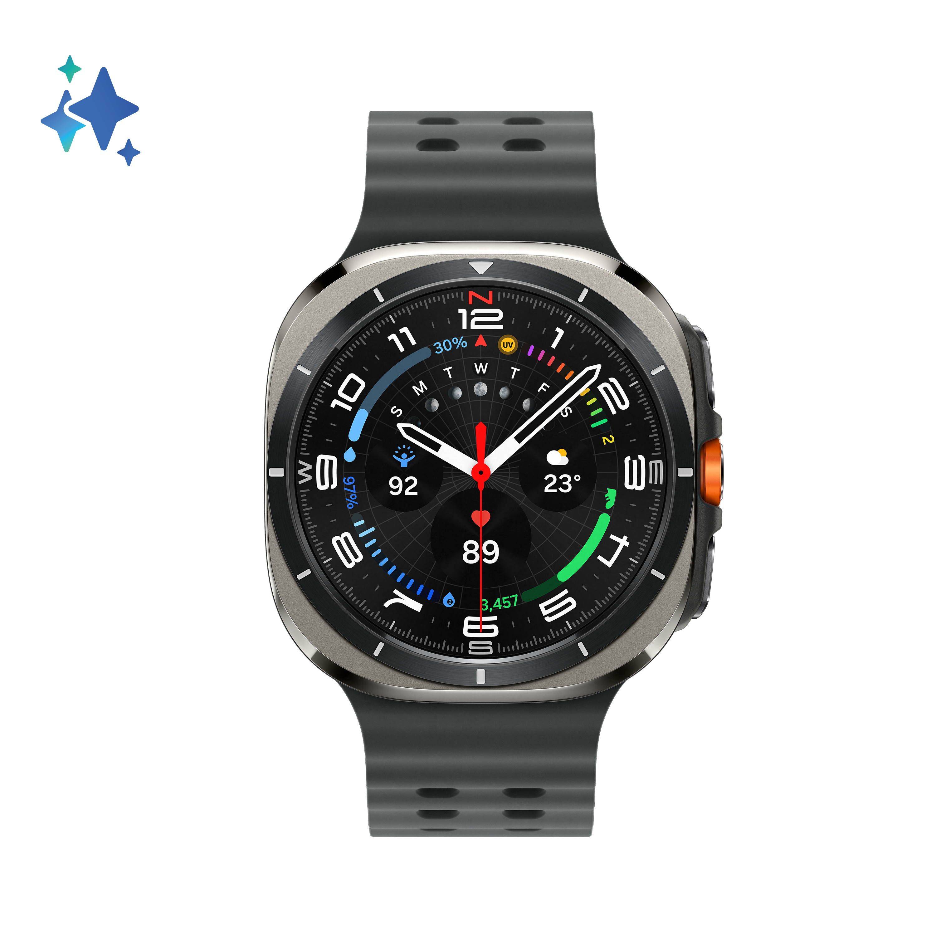 Smartwatch na czarnym tle. Ma okrągłą tarczę wyświetlającą czas i wskaźniki zdrowia. Pasek jest ciemnoszary.