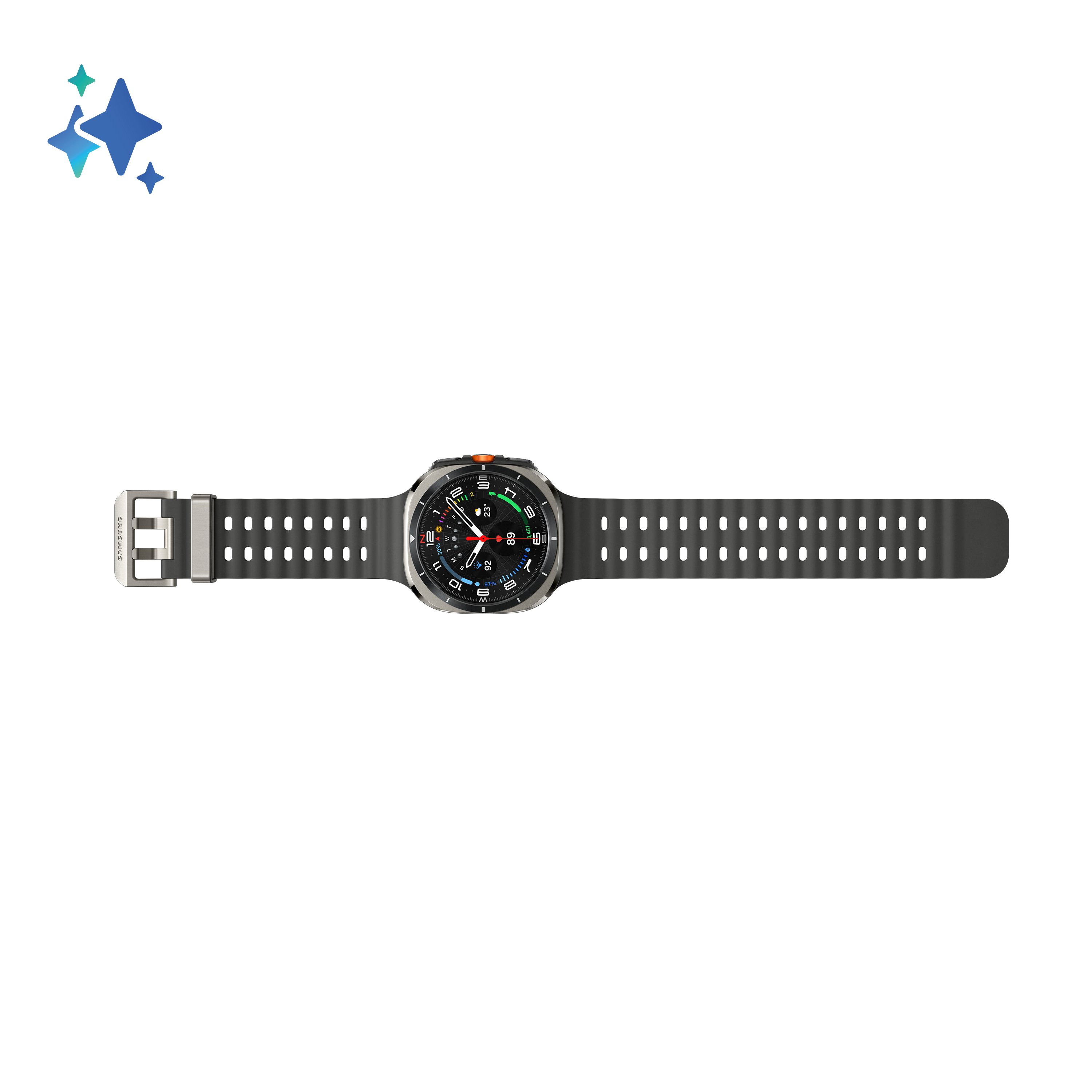 Srebrny smartwatch z czarnym paskiem na czarnym tle. Tarcza zegarka pokazuje liczby i odczyty.