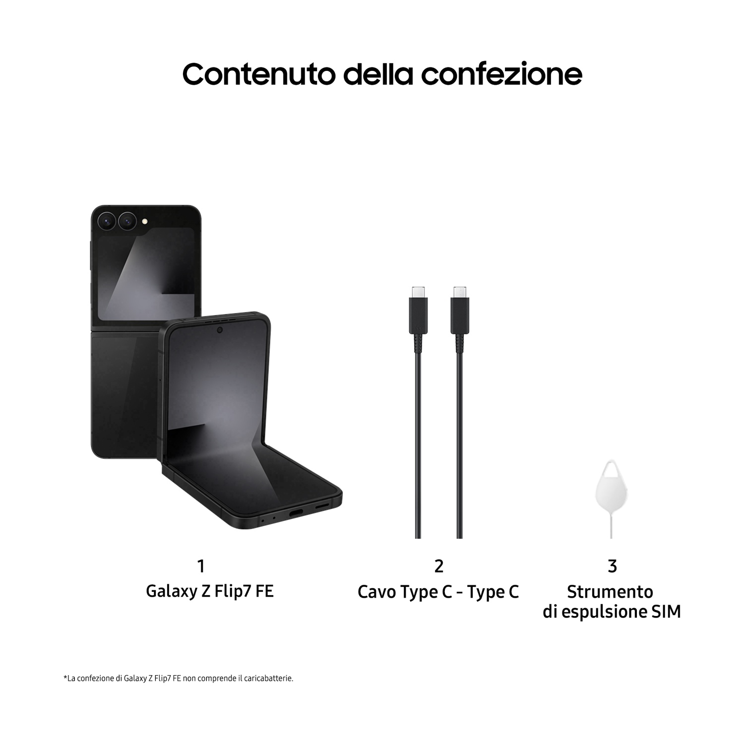 Telefono nero Galaxy Z Flip7 FE, due cavi USB-C neri e uno strumento di espulsione SIM. Testo: 'Contenuto della confezione'.