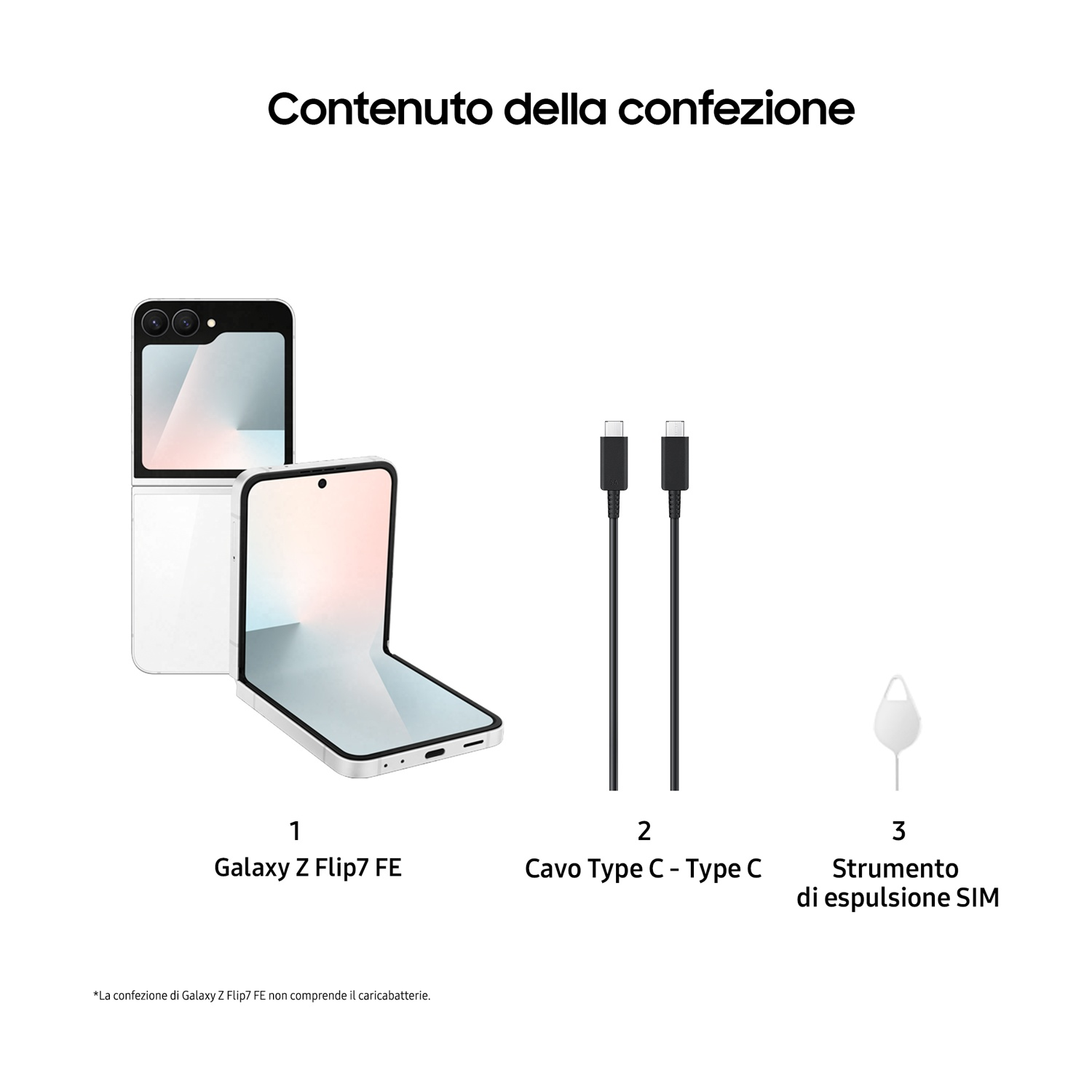 L'immagine mostra telefono, cavo e strumento di espulsione SIM. Il testo dice 'Contenuto della confezione' (Contenuto della confezione).