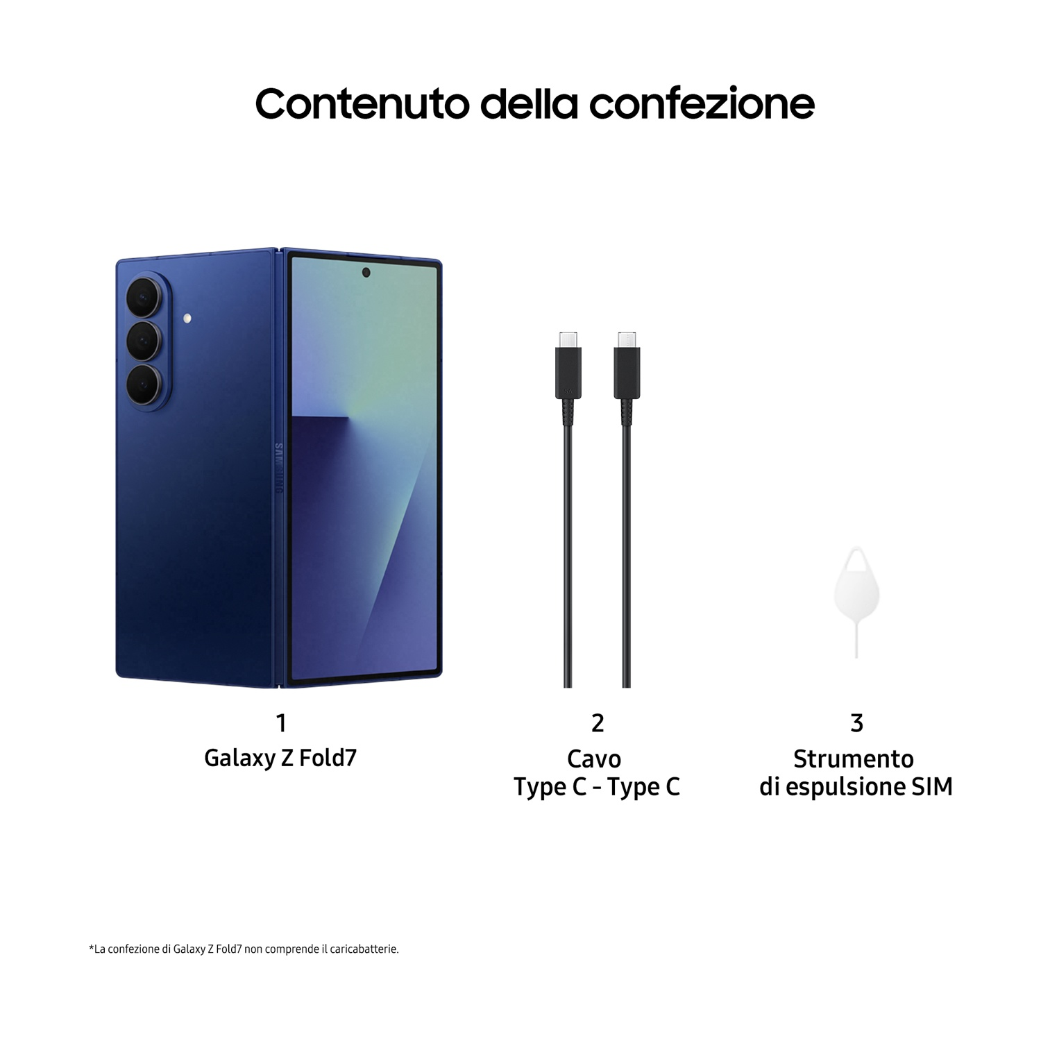 L'immagine mostra il contenuto della scatola Galaxy Z Fold7: telefono, cavo USB-C e strumento di espulsione SIM. Il telefono è blu. Testo in italiano.