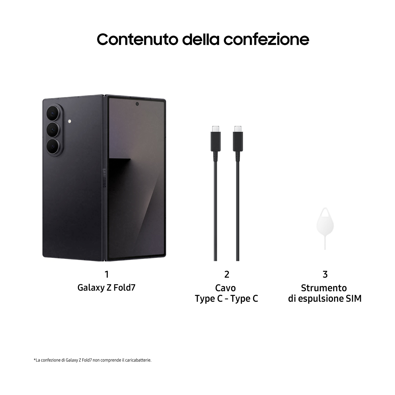 L'immagine mostra un Galaxy Z Fold7 nero, due cavi USB-C e uno strumento di espulsione SIM. Il testo indica il contenuto della scatola.