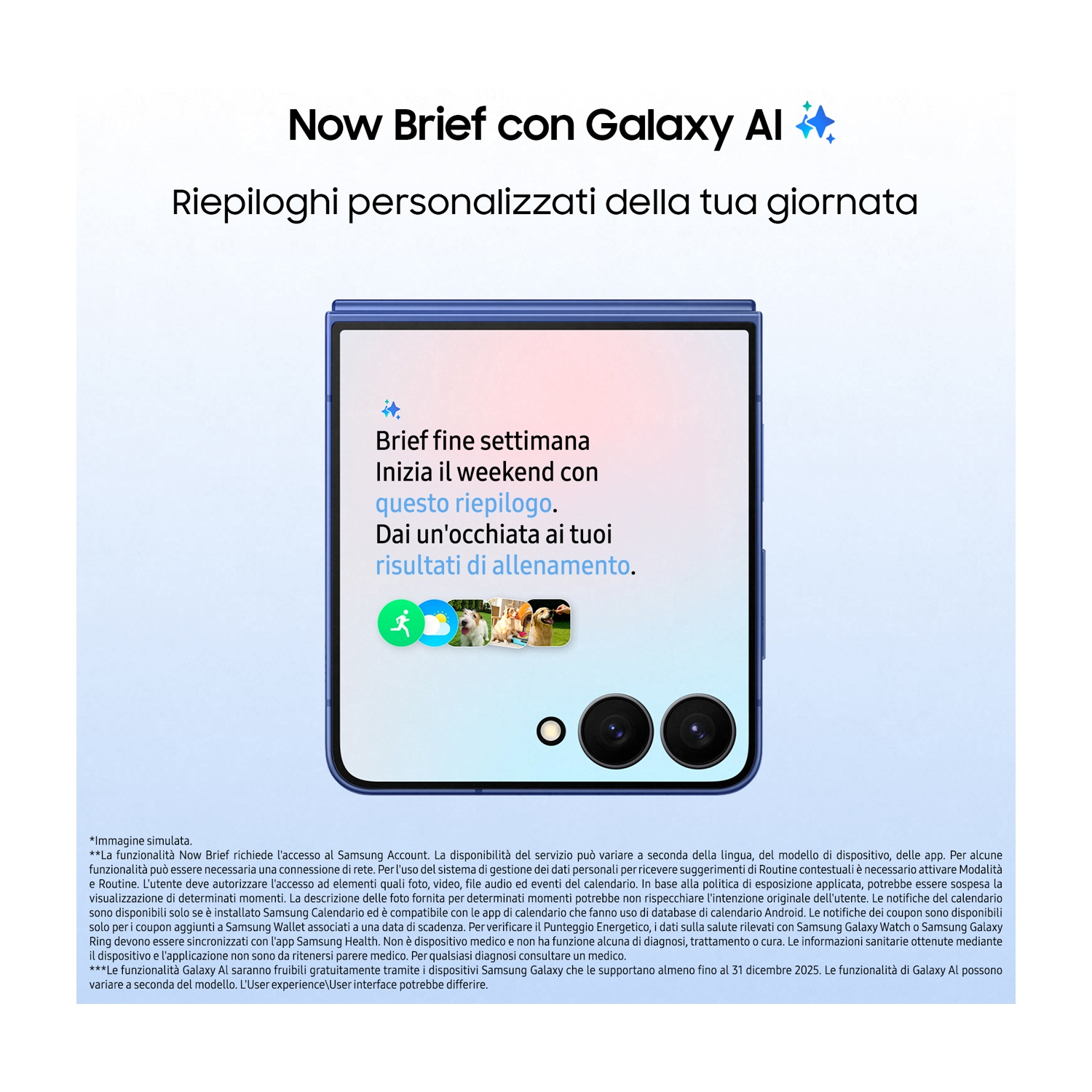 Un tablet blu mostra il testo su Galaxy AI. Lo schermo mostra un riepilogo del fine settimana con foto di cani.