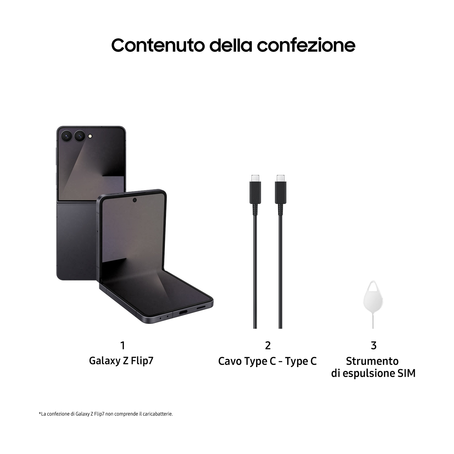 L'immagine mostra il contenuto di una scatola Galaxy Z Flip7: telefono, due cavi Type-C neri e uno strumento di espulsione SIM. Testo in italiano.