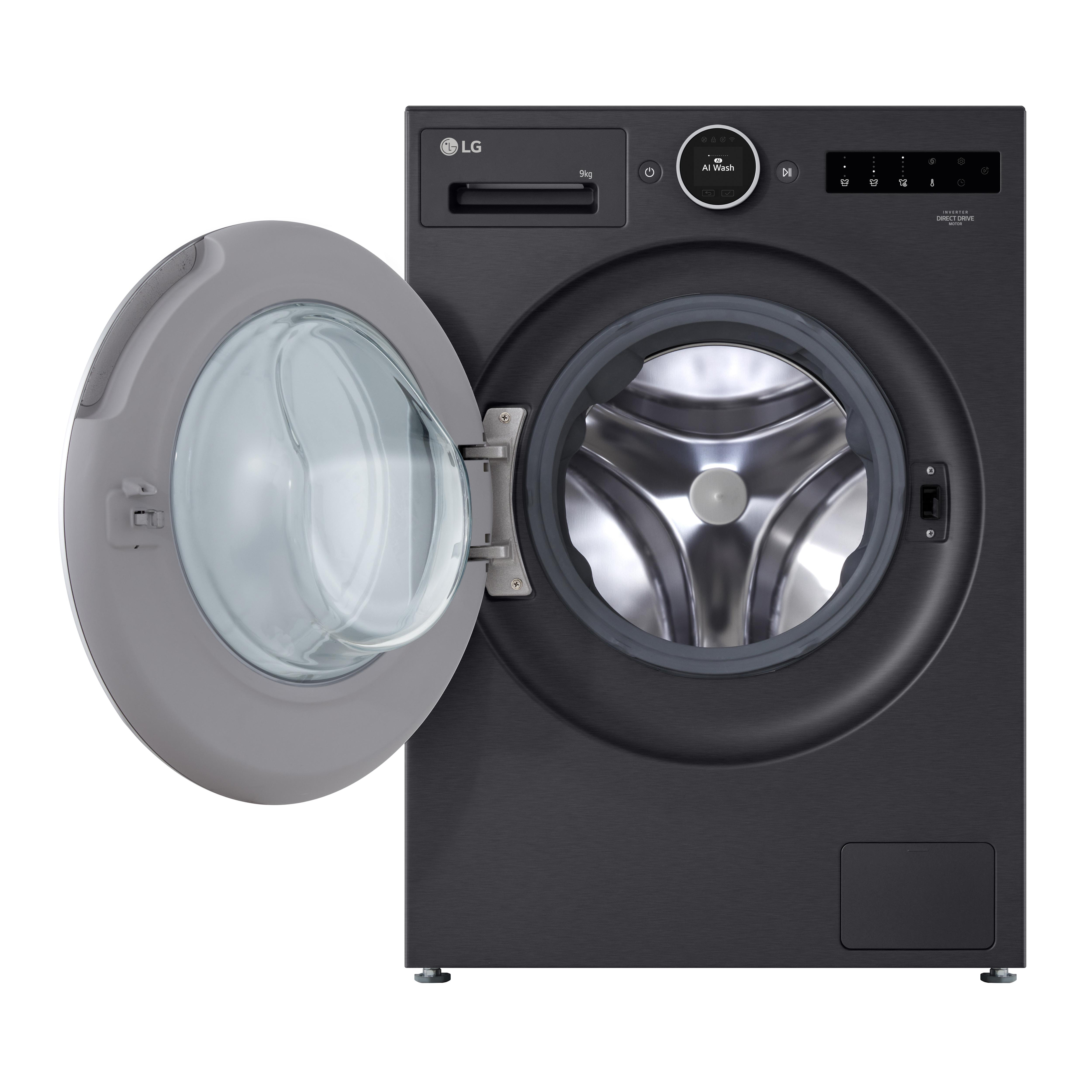 Eine schwarze LG-Waschmaschine mit offener Tür. Die Tür ist grau. Die Trommel ist aus Edelstahl.