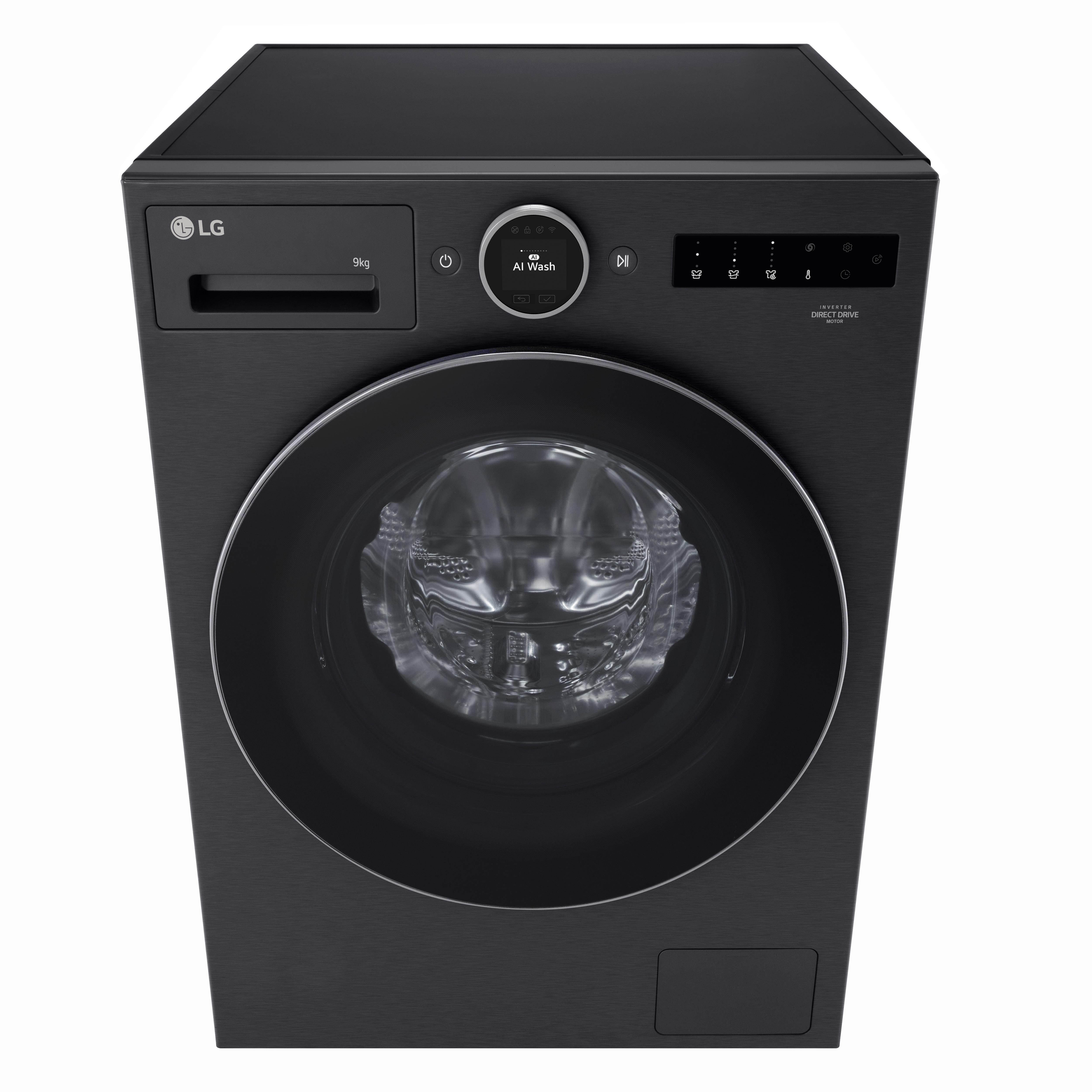 Eine schwarze LG-Waschmaschine. Sie hat eine runde Tür, ein Bedienfeld und eine Schublade. Das Modell ist 9 kg.