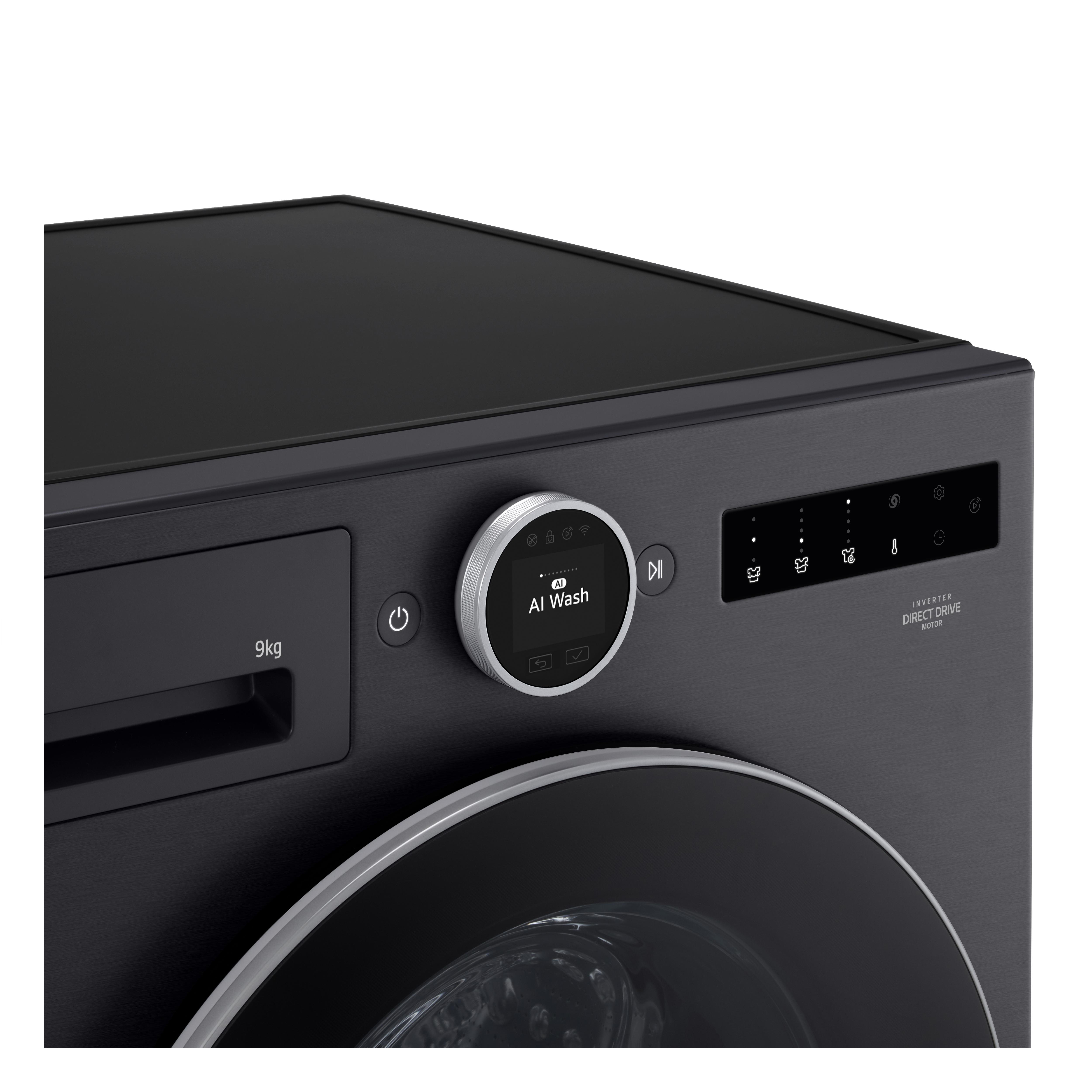 Schwarze Waschmaschinenfront. Runder Drehregler mit AI Wash-Anzeige. Bedienfeld mit Symbolen und Inverter Direct Drive-Etikett.