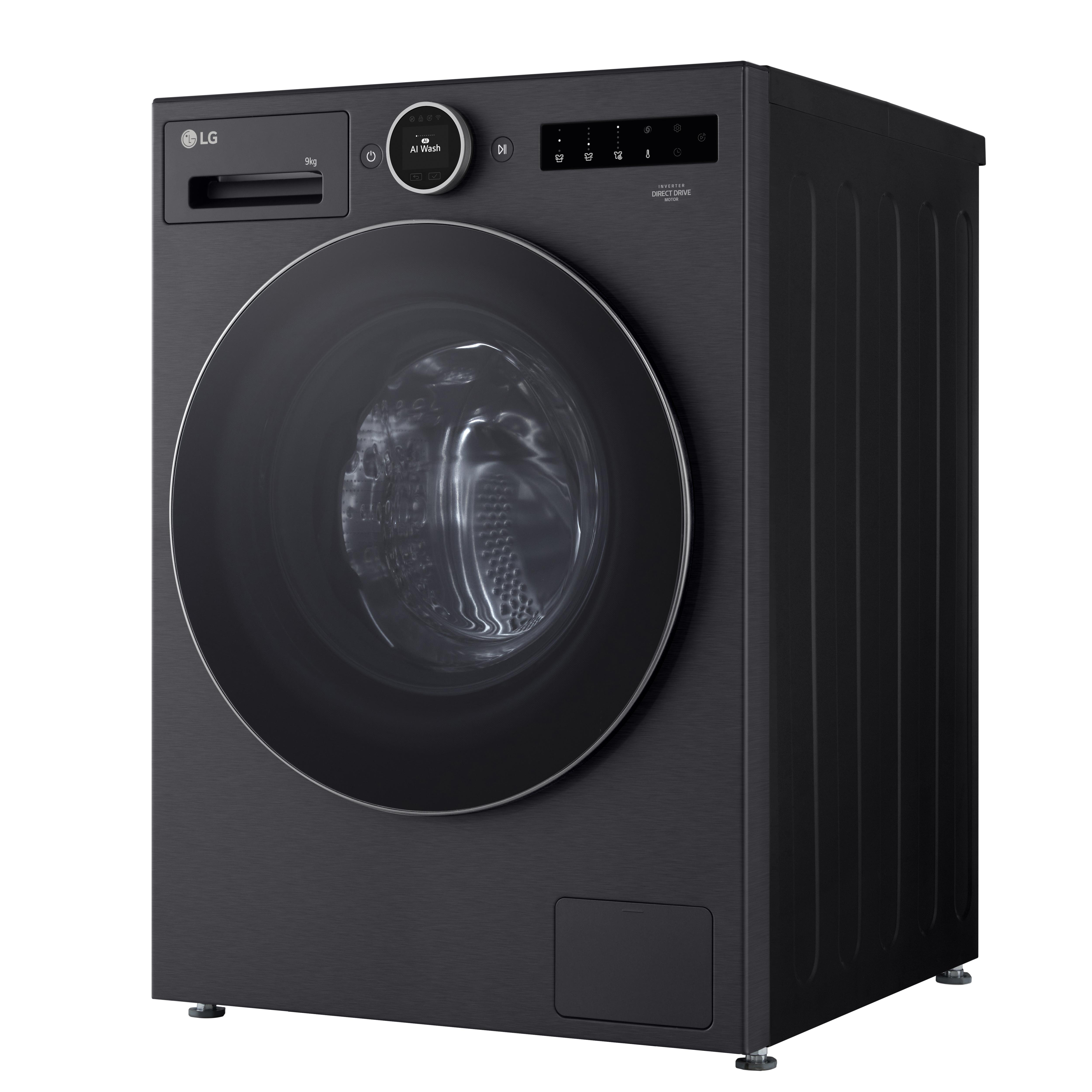 Eine schwarze LG-Waschmaschine auf weißem Hintergrund. Sie hat eine runde Tür und ein Bedienfeld mit Knöpfen.