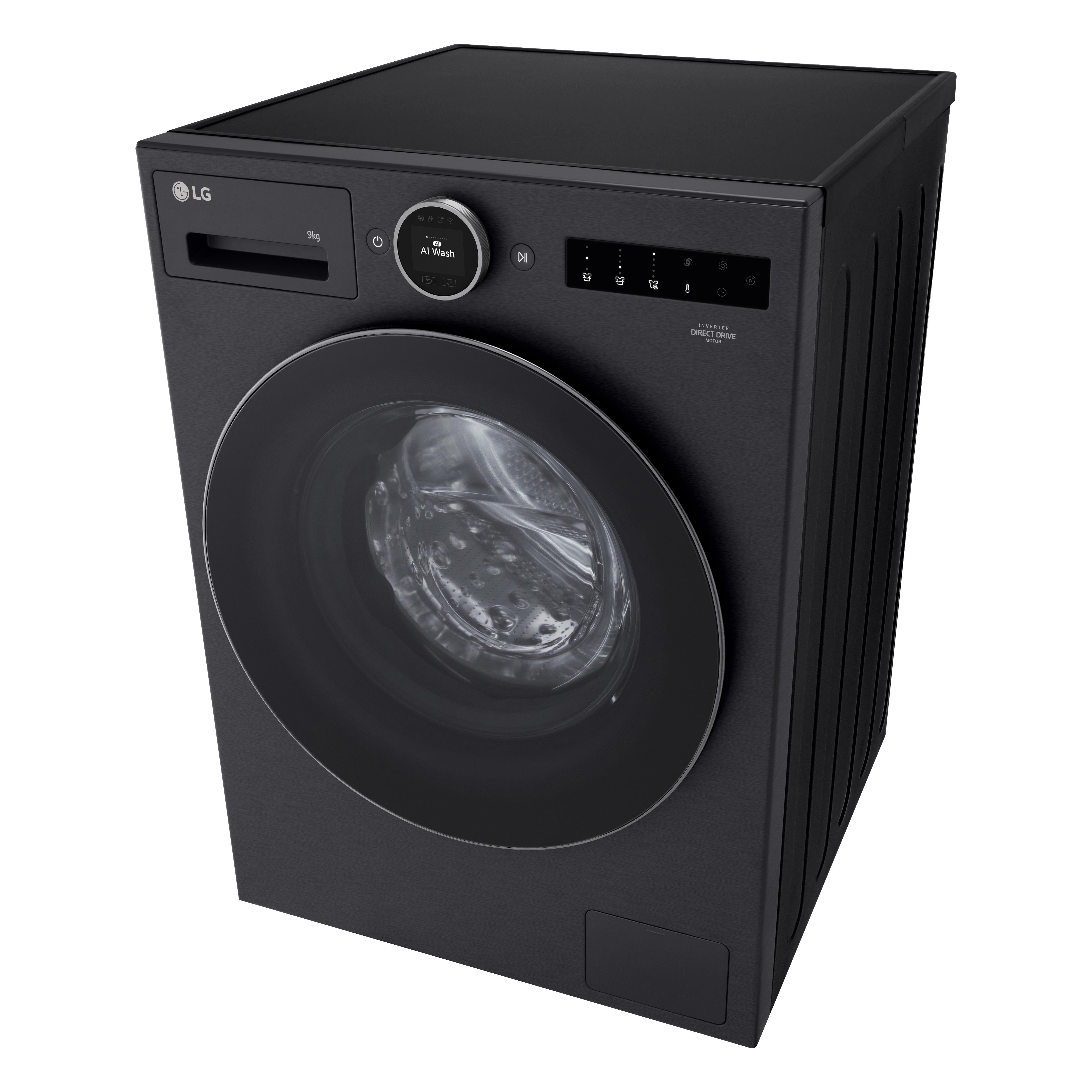 Eine schwarze LG-Waschmaschine, Vorderansicht. Mit runder Tür, Bedienfeld und Markenlogo.