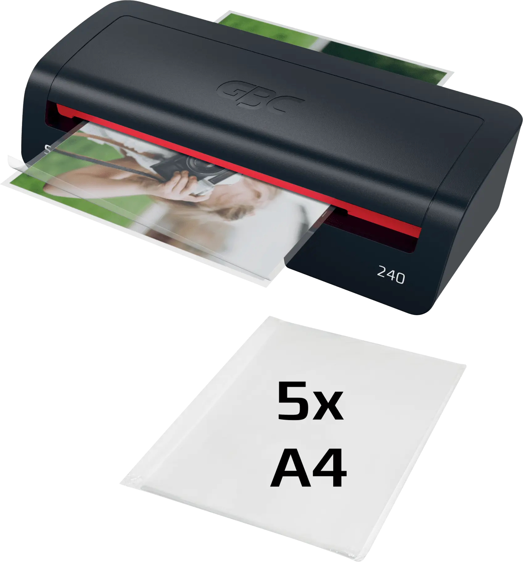 Egy laminálógép fekete testtel és piros díszítéssel. Elöl egy A4-es laminálópouch-csomag.
