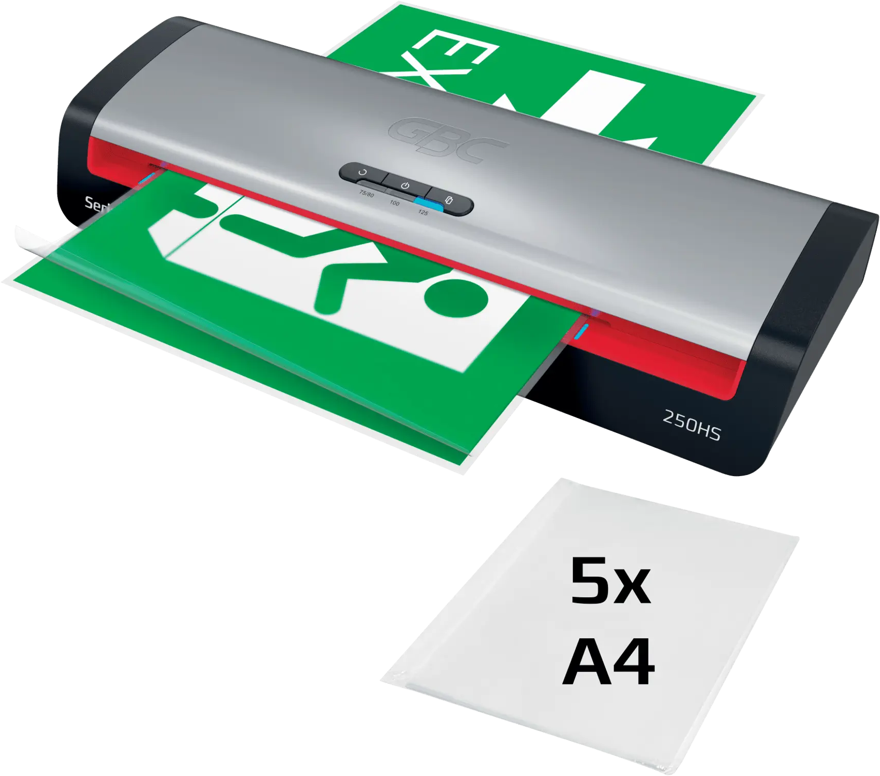 Egy laminálógép egy zöld-fehér kijárati jelzést dolgoz fel, közelben A4-es lamináló tasakokkal.