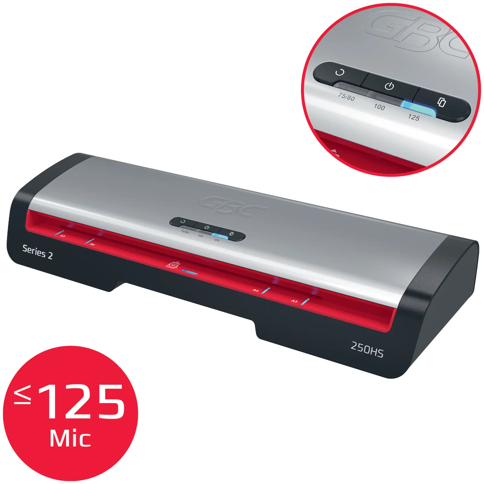 Ezüst-fekete laminálógép piros részletekkel. A piros körben: '≤ 125 Mic'. Láthatók a bekapcsológombok és a beállítások.