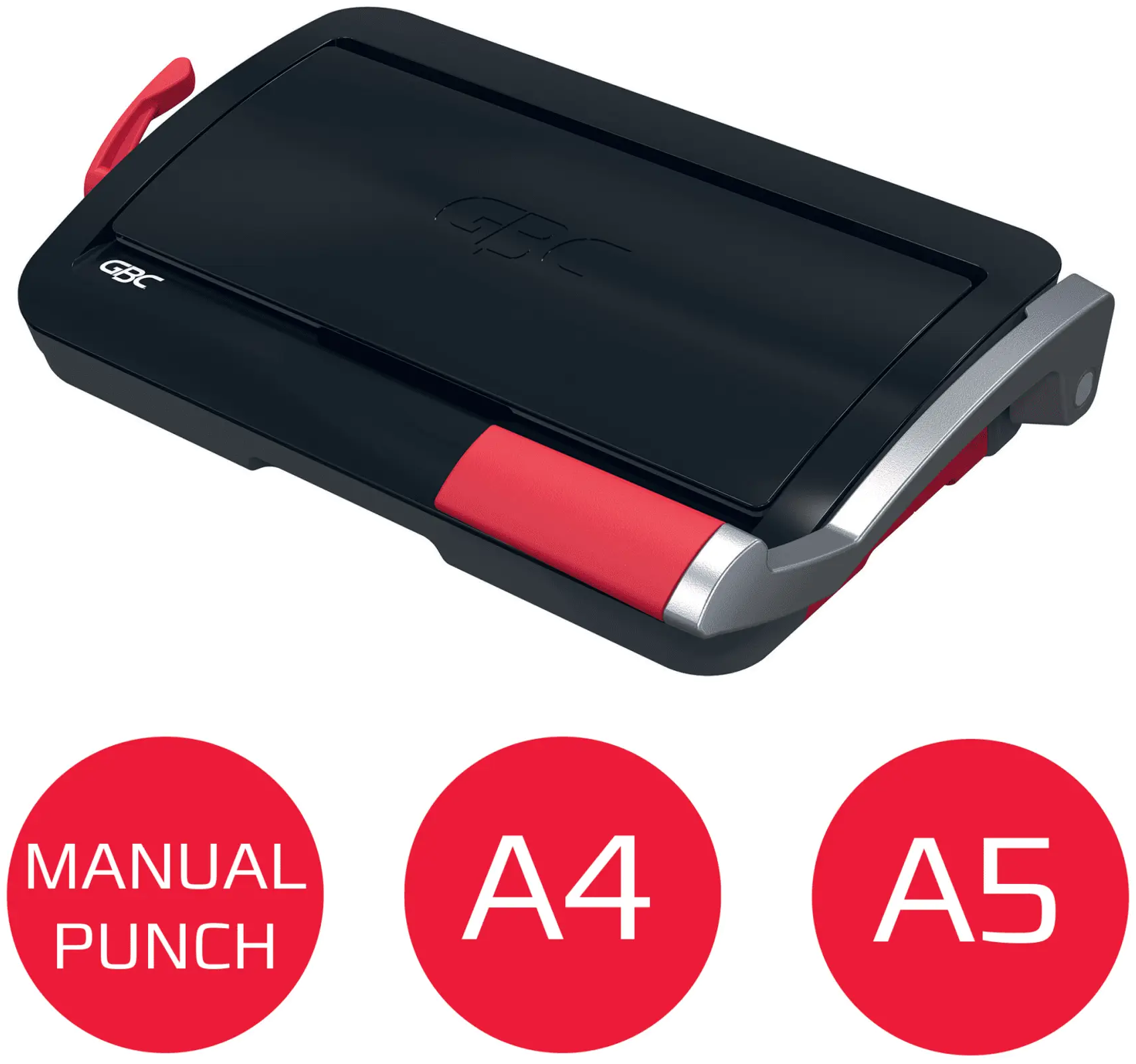 Fekete-piros GBC kézi lyukasztógép. Piros fogantyúk és körök A4, A5 és MANUAL PUNCH szöveggel láthatók.