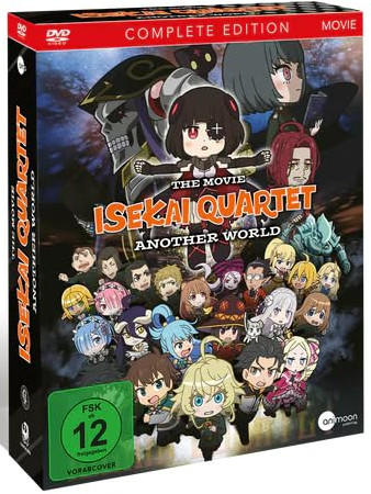 DVD-Cover für den Film Isekai Quartet. Enthält Cartoon-Charaktere, Titeltext und eine grüne FSK-12-Freigabe. Complete Edition.