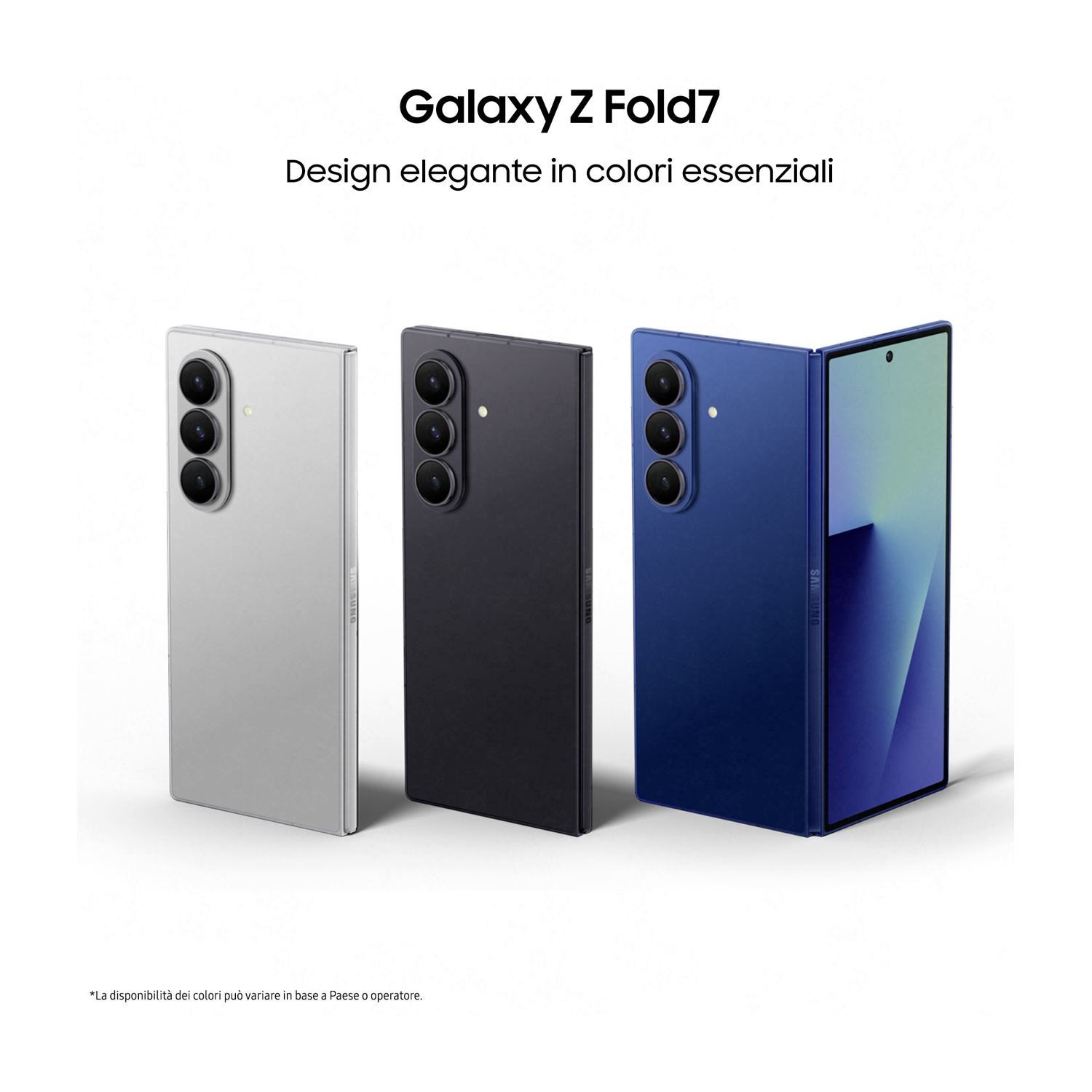 Tre telefoni Galaxy Z Fold7 in argento, nero e blu. Il telefono blu è parzialmente aperto.