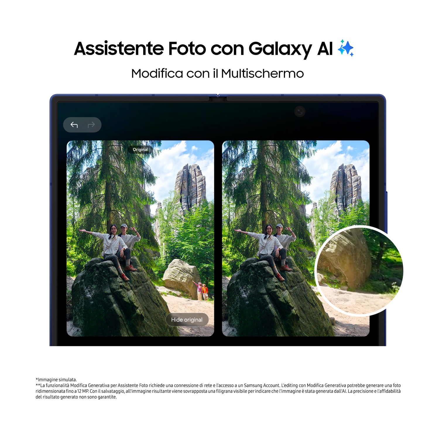 Due persone sedute su una roccia, alberi e montagne sullo sfondo. Lo schermo mostra le opzioni di modifica.