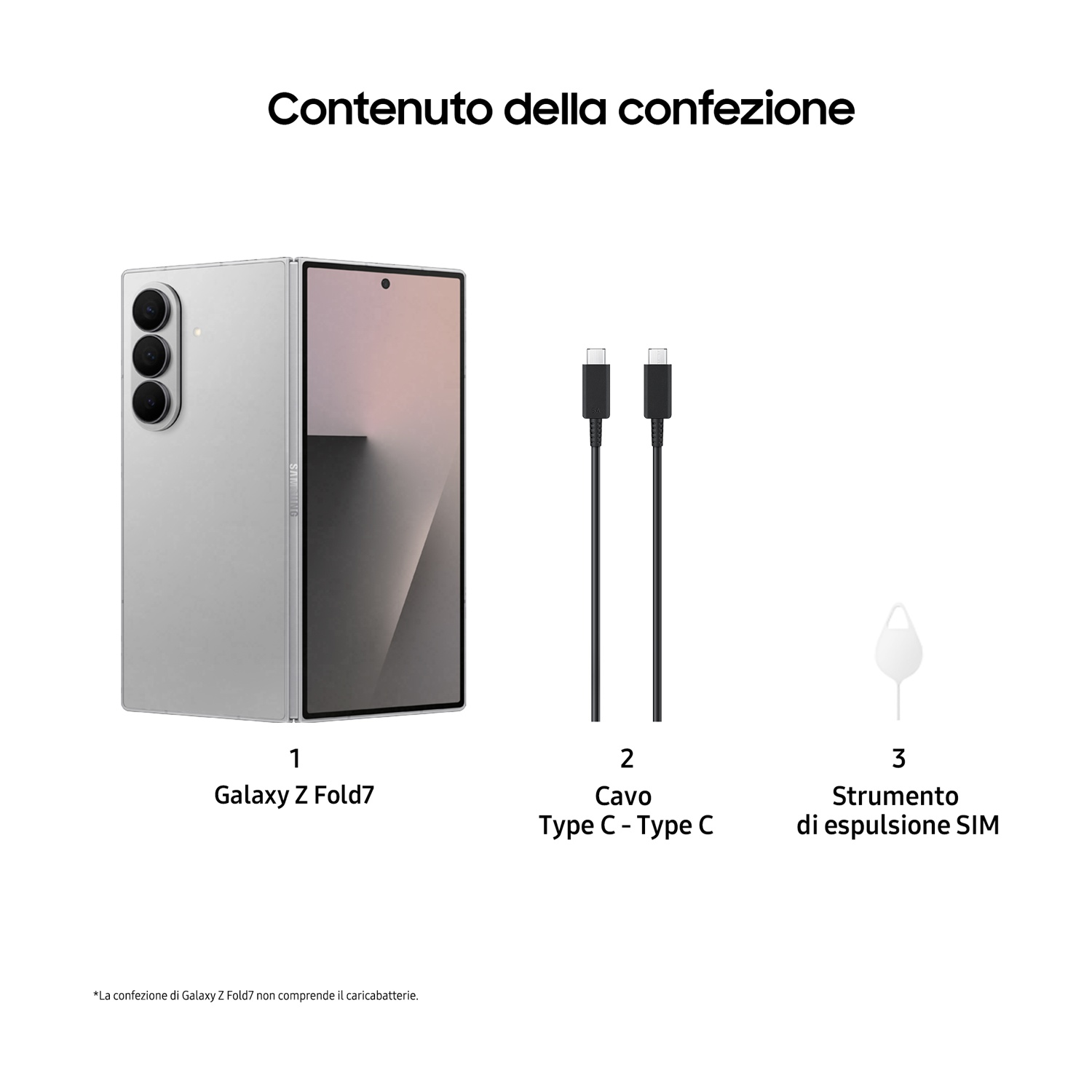 L'immagine mostra il contenuto di una scatola Galaxy Z Fold7: telefono, due cavi USB-C e uno strumento di espulsione SIM. Testo in italiano.