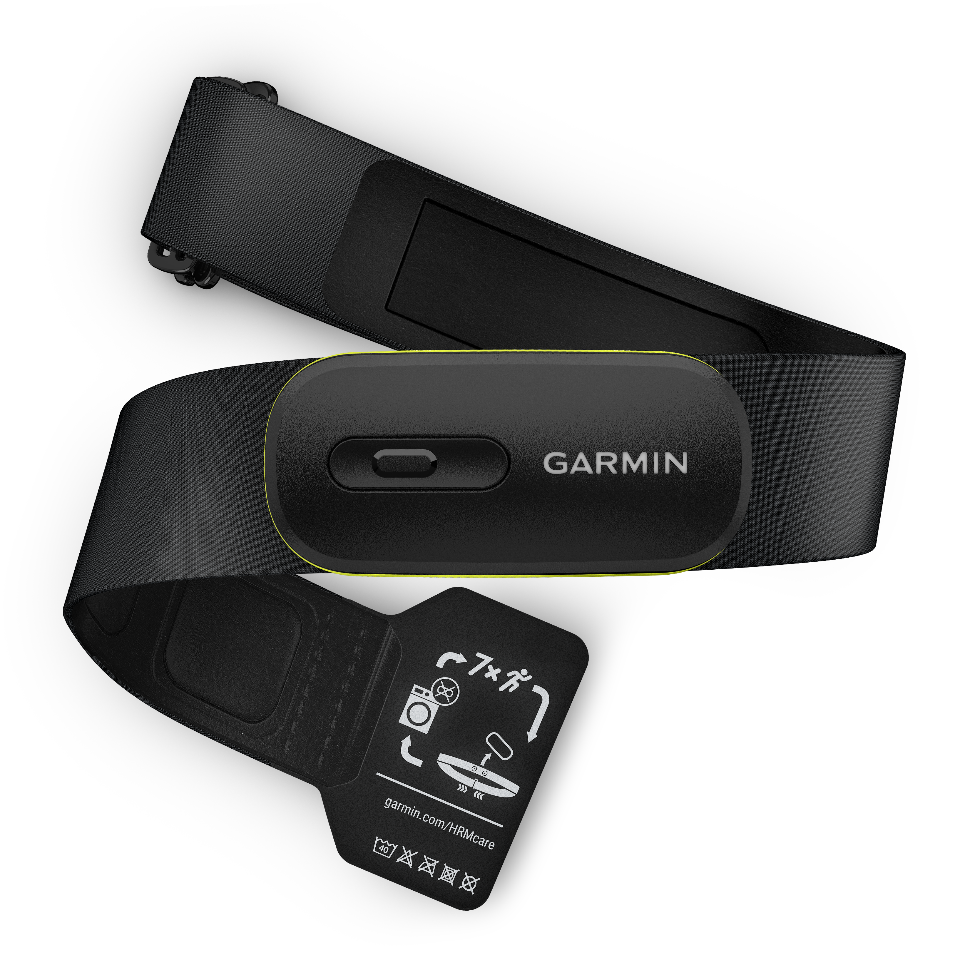Schwarzer Garmin-Herzfrequenzmesser. Er ist um die Brust. Enthält einen schwarzen Riemen und einen schwarzen Sensor mit grünem Akzent.