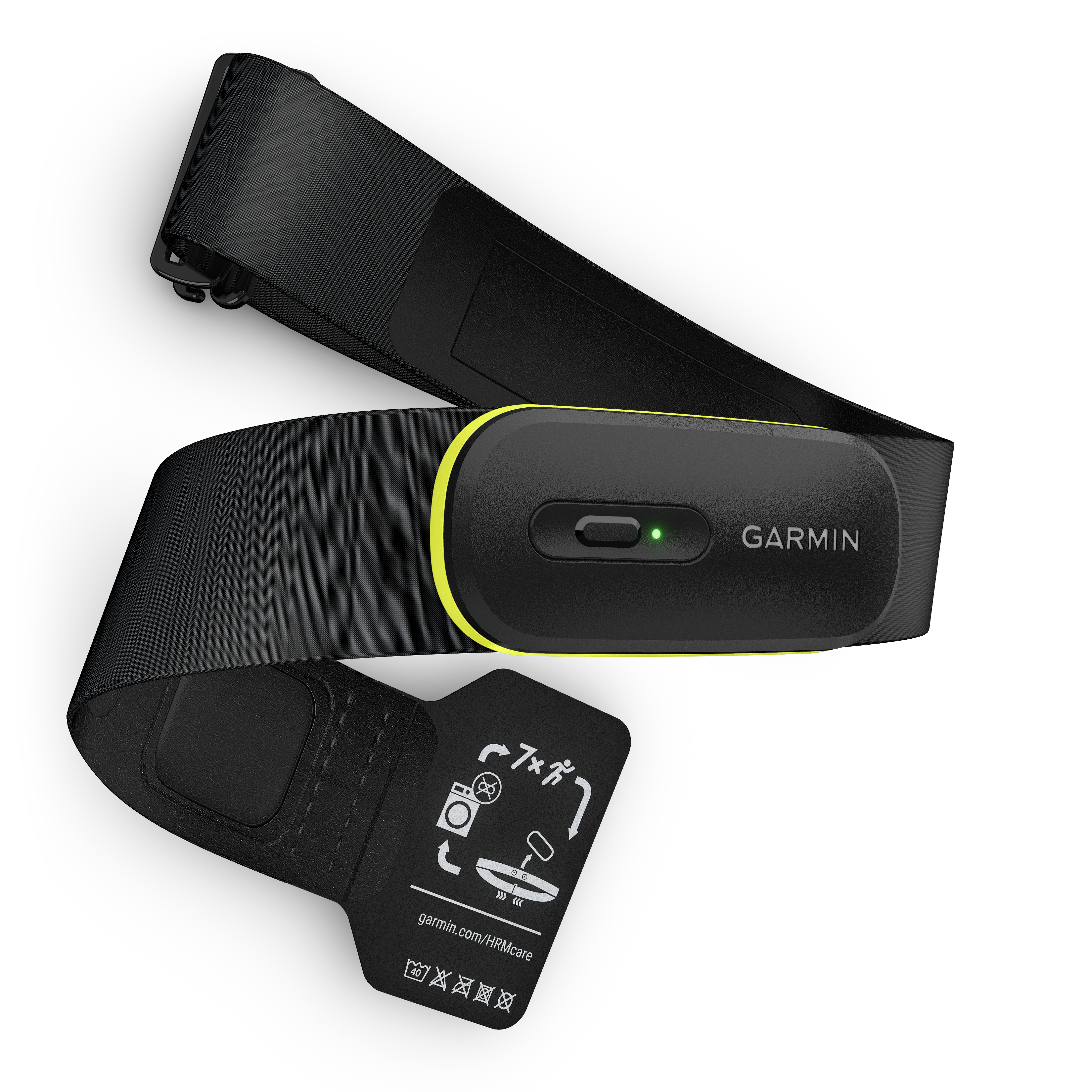 Schwarzer Garmin-Herzfrequenzmesser mit gelber Kontur. Er hat ein grünes Licht und ein Armband mit Anweisungen.