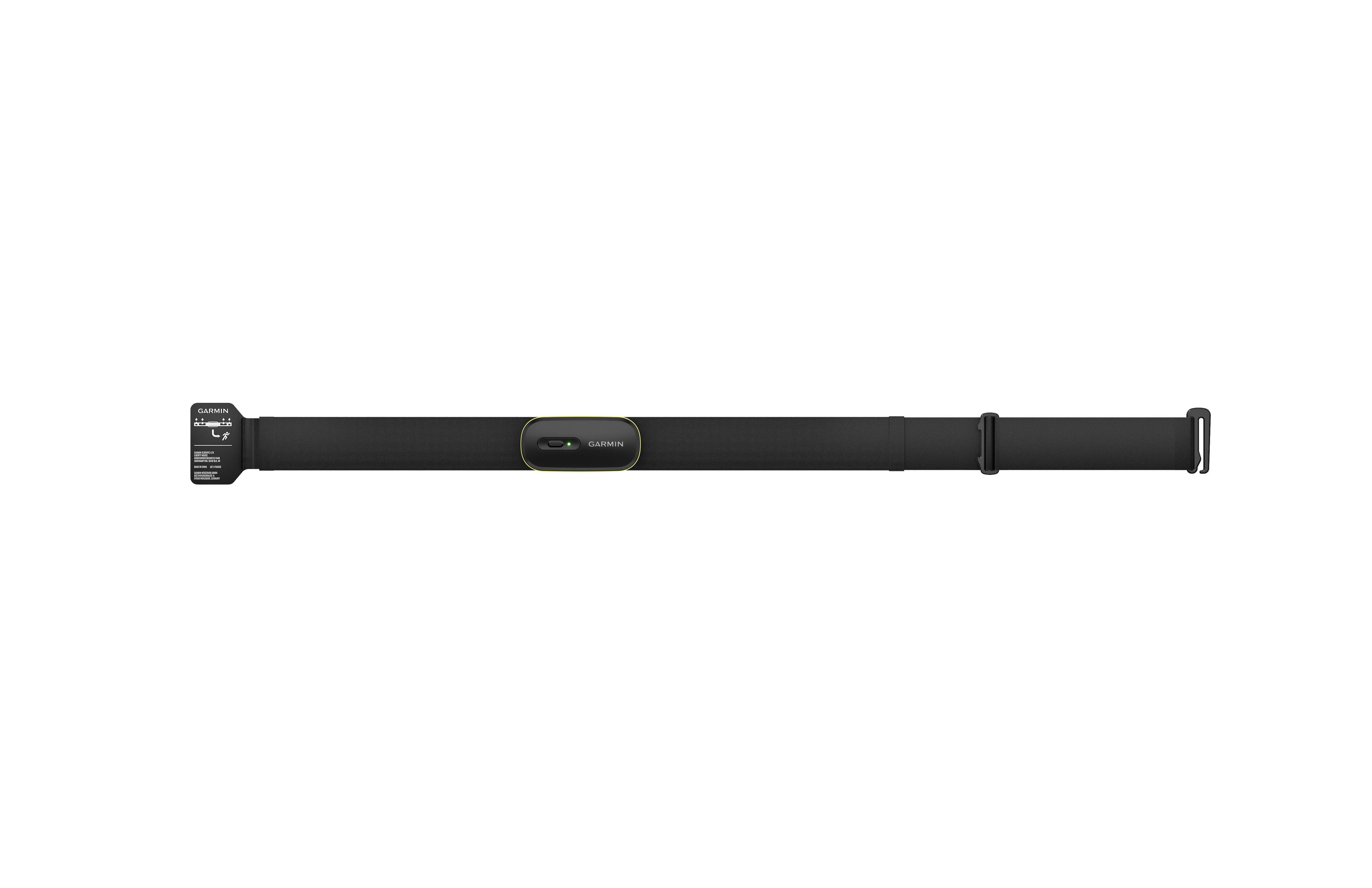 Ein schwarzer Garmin-Herzfrequenzmesser-Gurt. Er hat einen schwarzen Riemen mit einem Garmin-Sensor in der Mitte. Der Hintergrund ist schwarz.