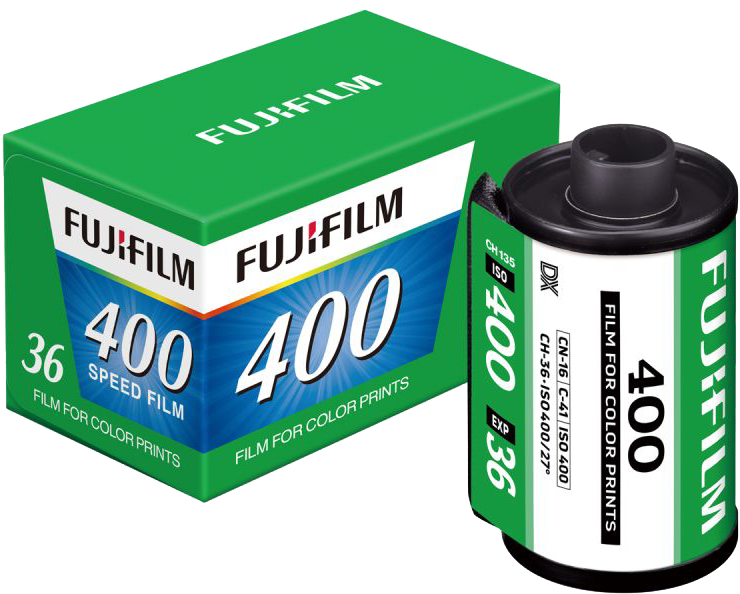 Egy zöld Fujifilm filmdoboz és egy filmtekercs. Mindkettő fehér szöveggel rendelkezik, ami a '400'-at és a 'Film for Color Prints'-t jelzi.