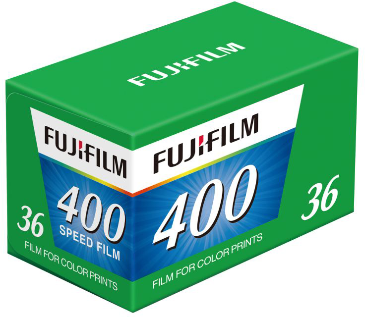 Egy zöld Fujifilm filmdoboz. A márkanevet, a 400-as számot és a 36-os számot jeleníti meg. Azt is írja, hogy 'Film színes nyomatokhoz'.