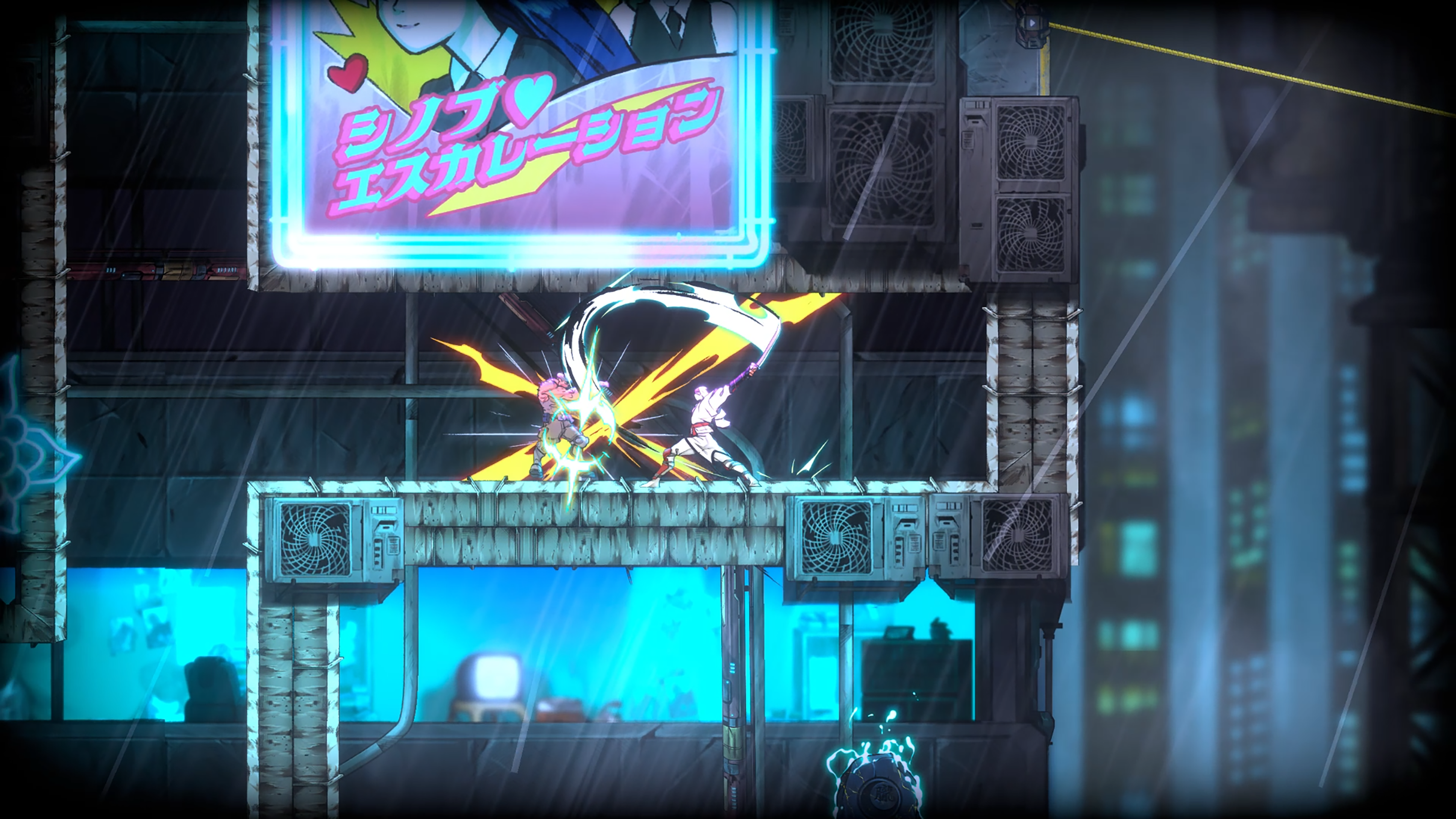 Zwei Anime-Charaktere kämpfen in einer verregneten Stadt. Neon-Schilder und Klimaanlagen sind sichtbar. Einer f ührt ein Schwert.