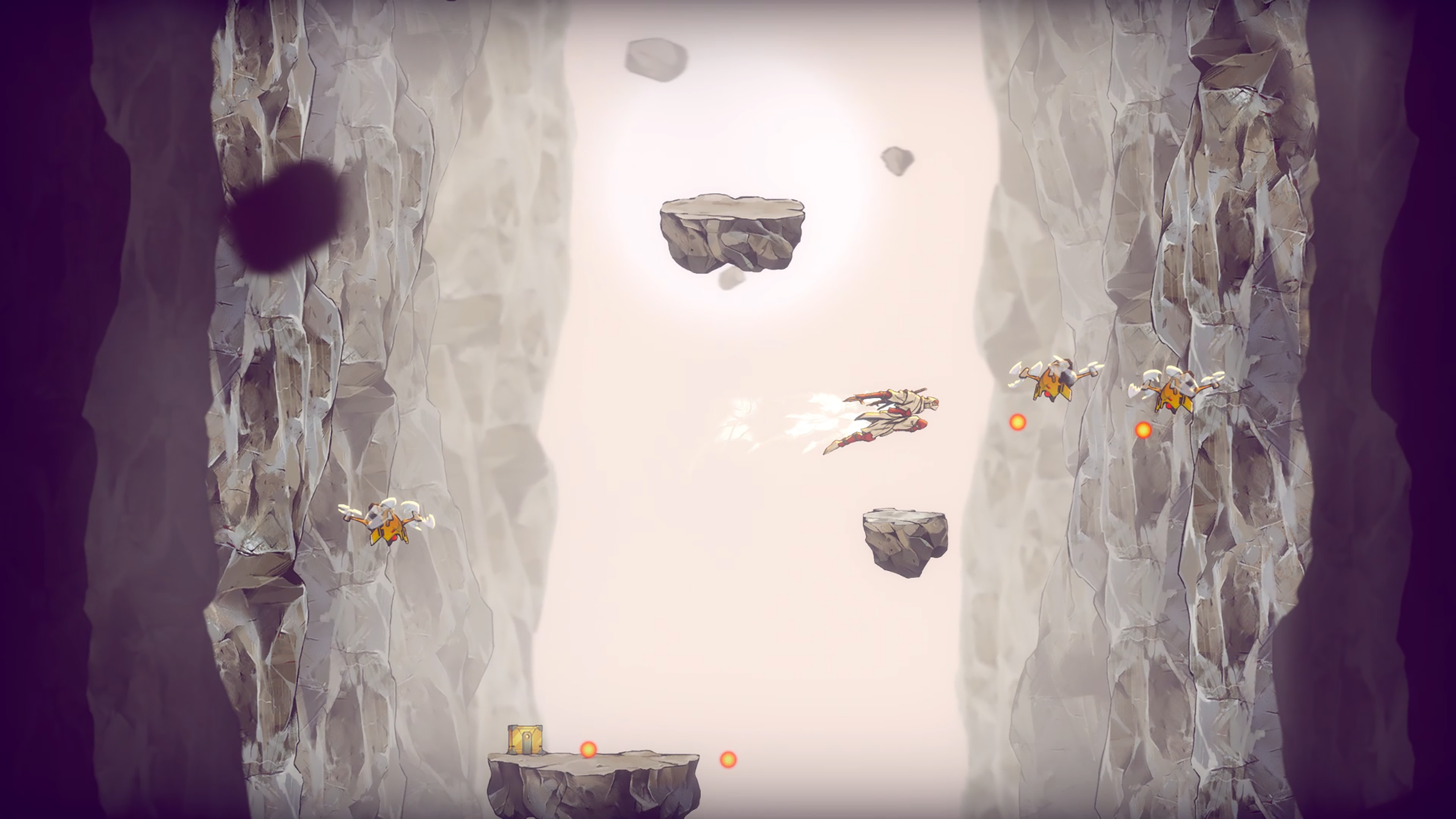 Eine Spielszene mit einem fliegenden Charakter und Drohnen in einem Canyon. Mehrere Plattformen sind vorhanden, mit Felswänden an den Seiten.