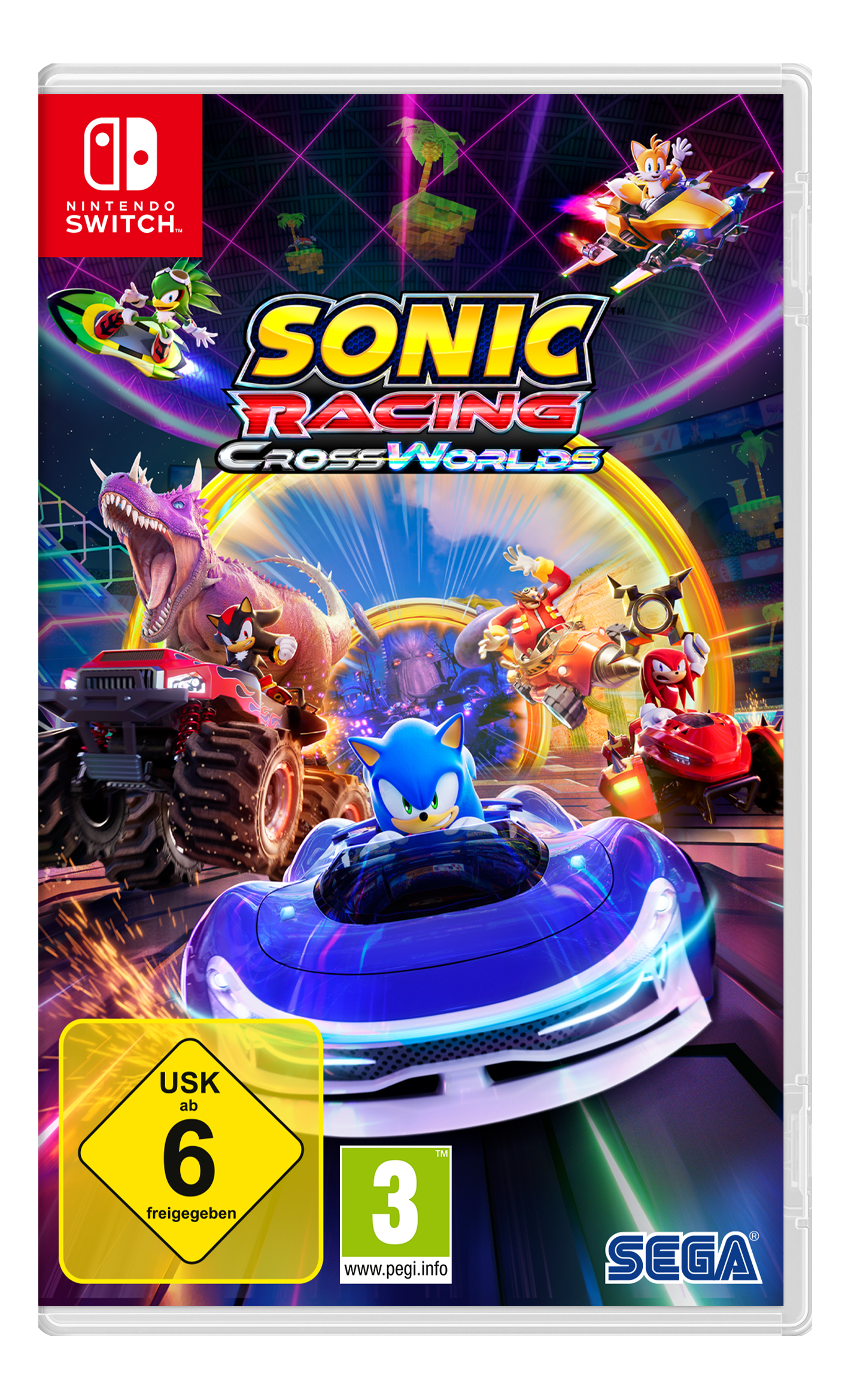 Sonic Racing CrossWorlds Spielcover. Sonic in blauem Auto, andere Charaktere fahren. Bunte, actionreiche Szene.