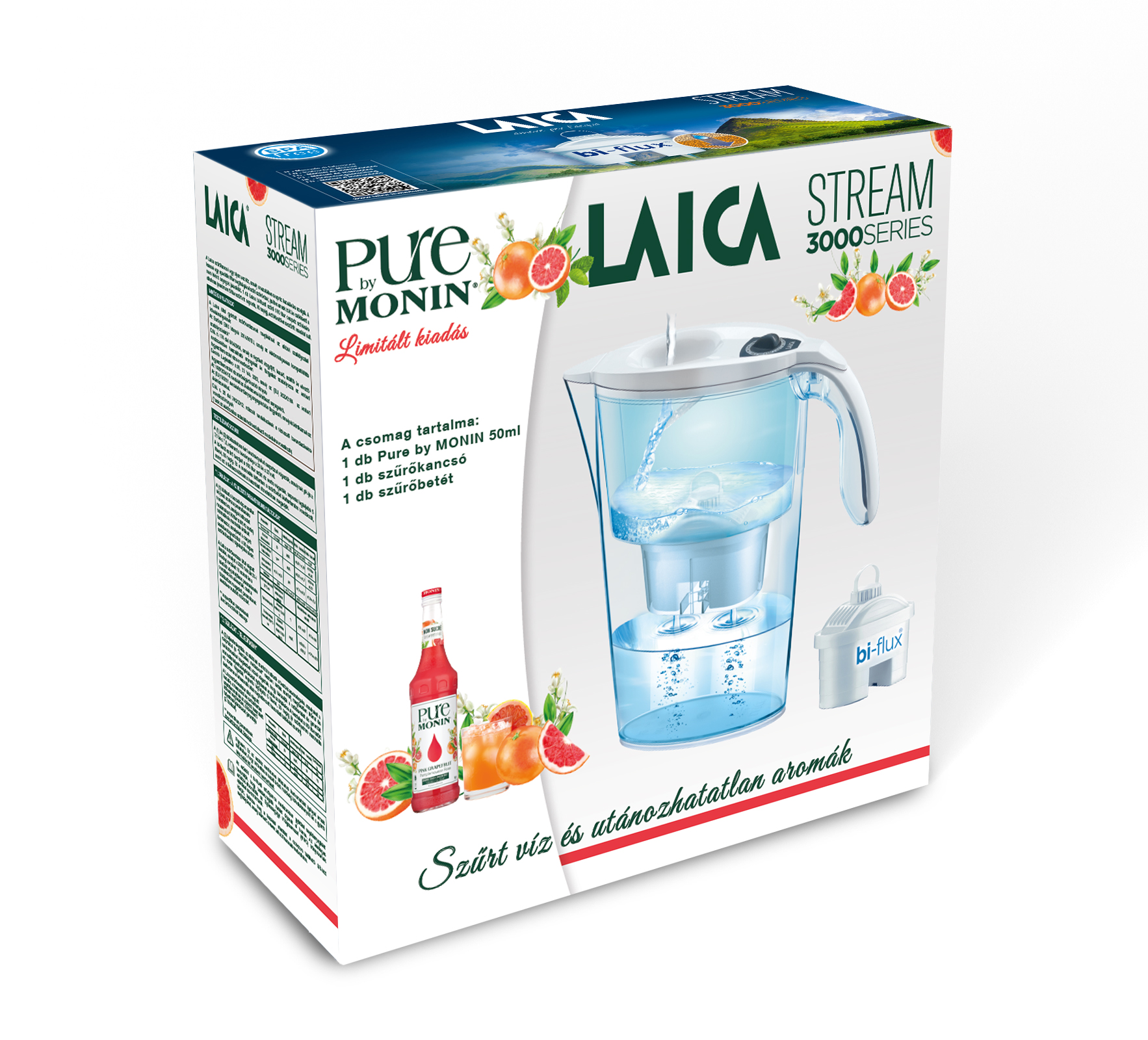 Dobozos Laica Stream 3000 Series vízszűrő, víztartó kancsóval és bi-flux szűrővel, plusz egy üveg Monin szirup.
