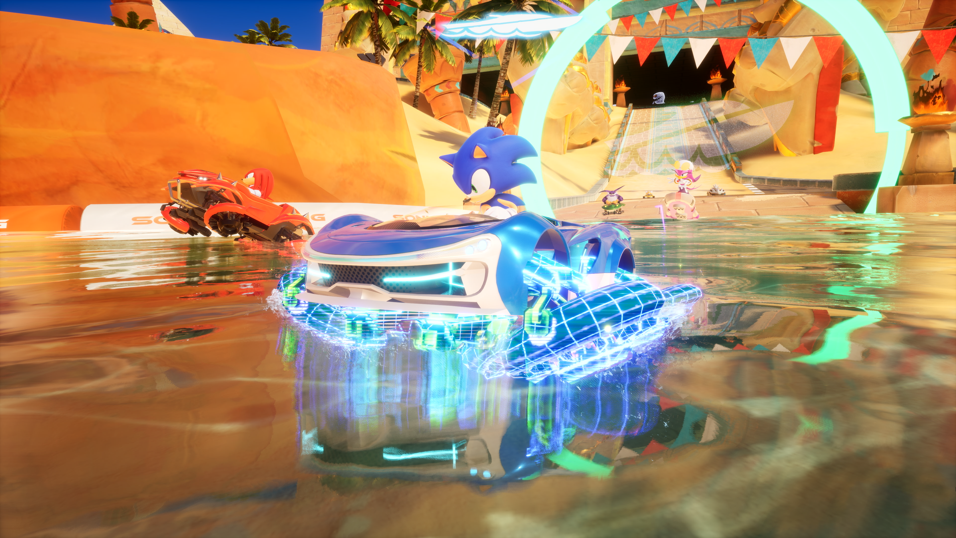 Sonic dans une voiture bleue course avec Knuckles dans une voiture rouge sur une piste aquatique. Drapeaux et palmiers en arrière-plan.
