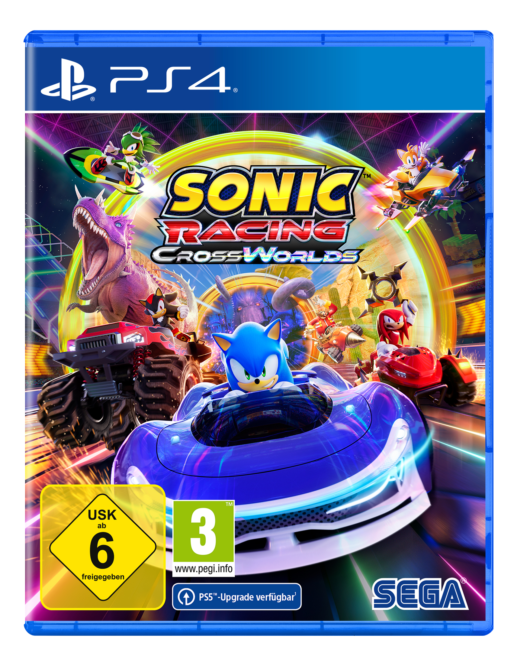 Box-Art für Sonic Racing Cross Worlds. Sonic fährt ein blaues Auto, mit einem Dinosaurier und anderen Charakteren in Fahrzeugen.