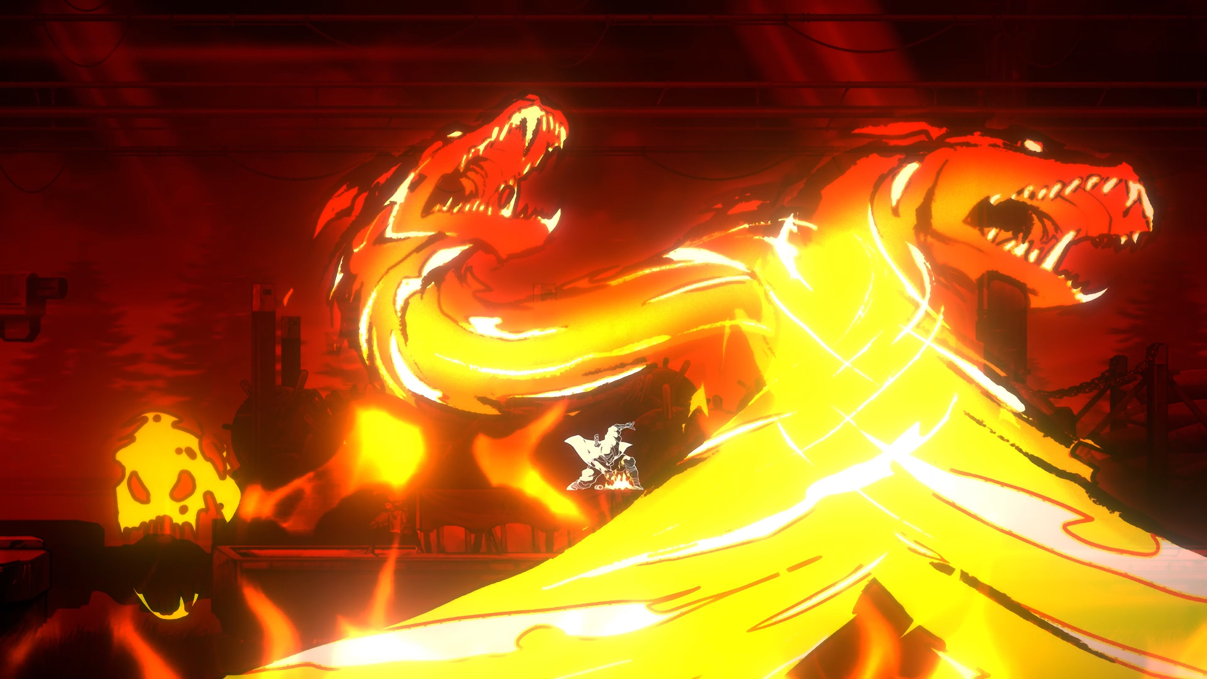 Feurige Drachen mit offenem Maul dominieren eine rot-orange Szene. Eine kleine Figur steht zwischen den Drachen.