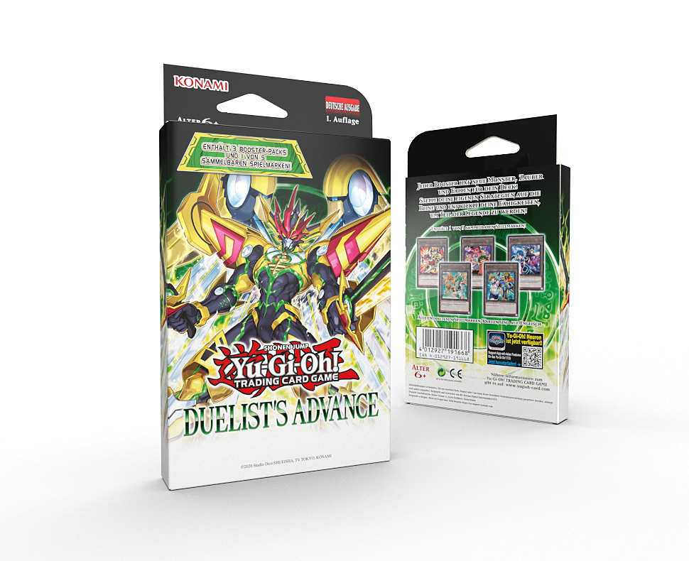 Zwei Yu-Gi-Oh! Duelist's Advance-Boxen. Eine geschlossen, eine offen mit Karten. Boxen haben ein Gold-, Schwarz- und Weißschema, mit Text und Bildern.