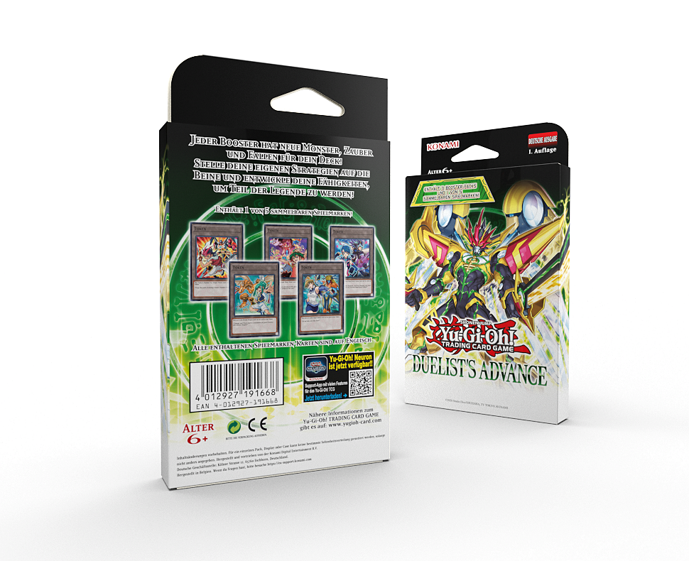 Zwei Yu-Gi-Oh!-Kartenspielboxen auf weißer Oberfläche. Eine Box ist offen, zeigt Karten. Die andere ist geschlossen.
