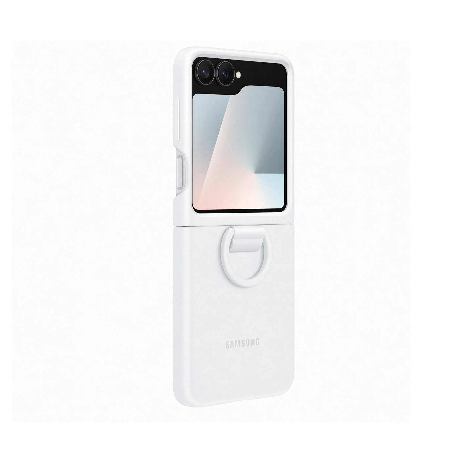 Una custodia bianca per telefono Samsung, parzialmente aperta, con un'impugnatura ad anello. Lo schermo del telefono è visibile e il logo Samsung è sulla custodia.